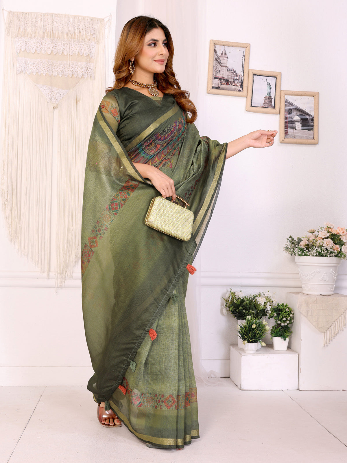 Olive Green Chanderi Cotton Saree with Printed Motif Border for Women