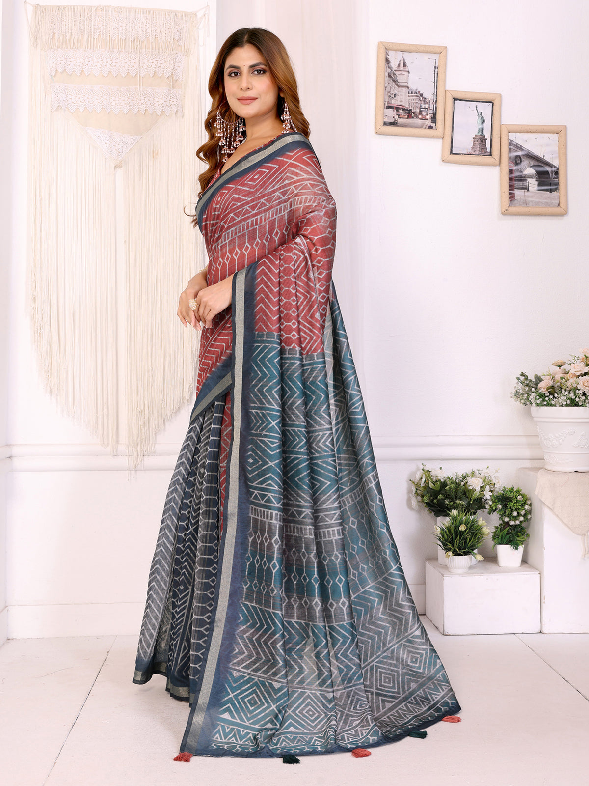 Black Chanderi Cotton Saree with Multicolor Geometric Print for Women