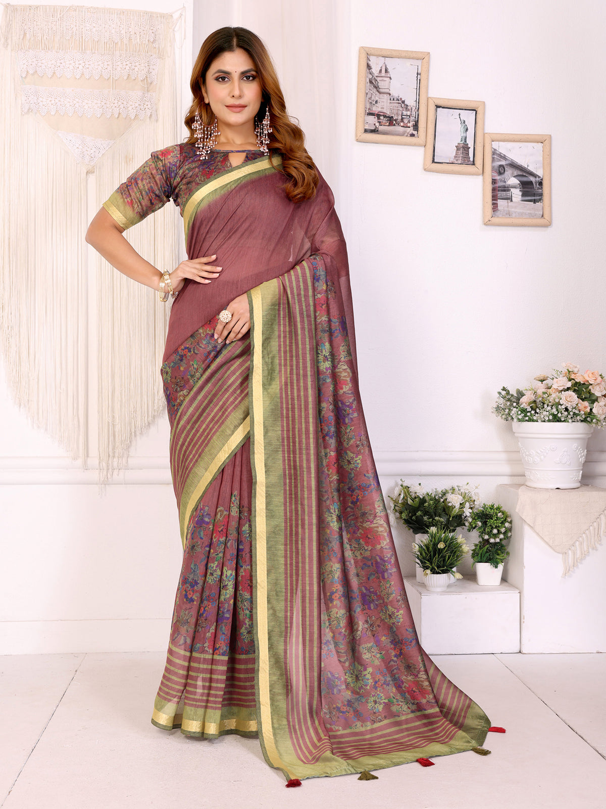 Wine Chanderi Cotton Floral Print Saree with Striped Border for Women