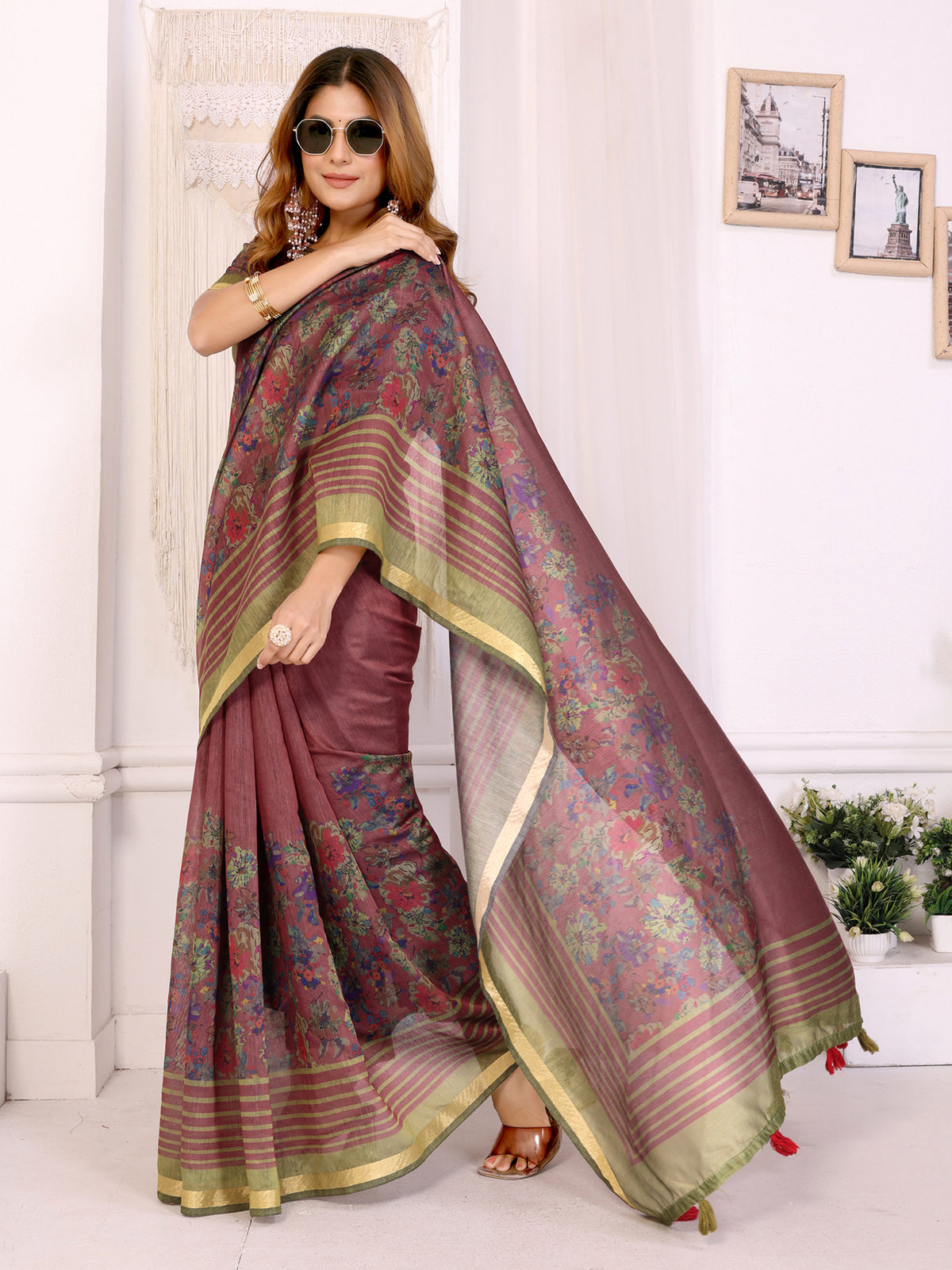 Wine Chanderi Cotton Floral Print Saree with Striped Border for Women