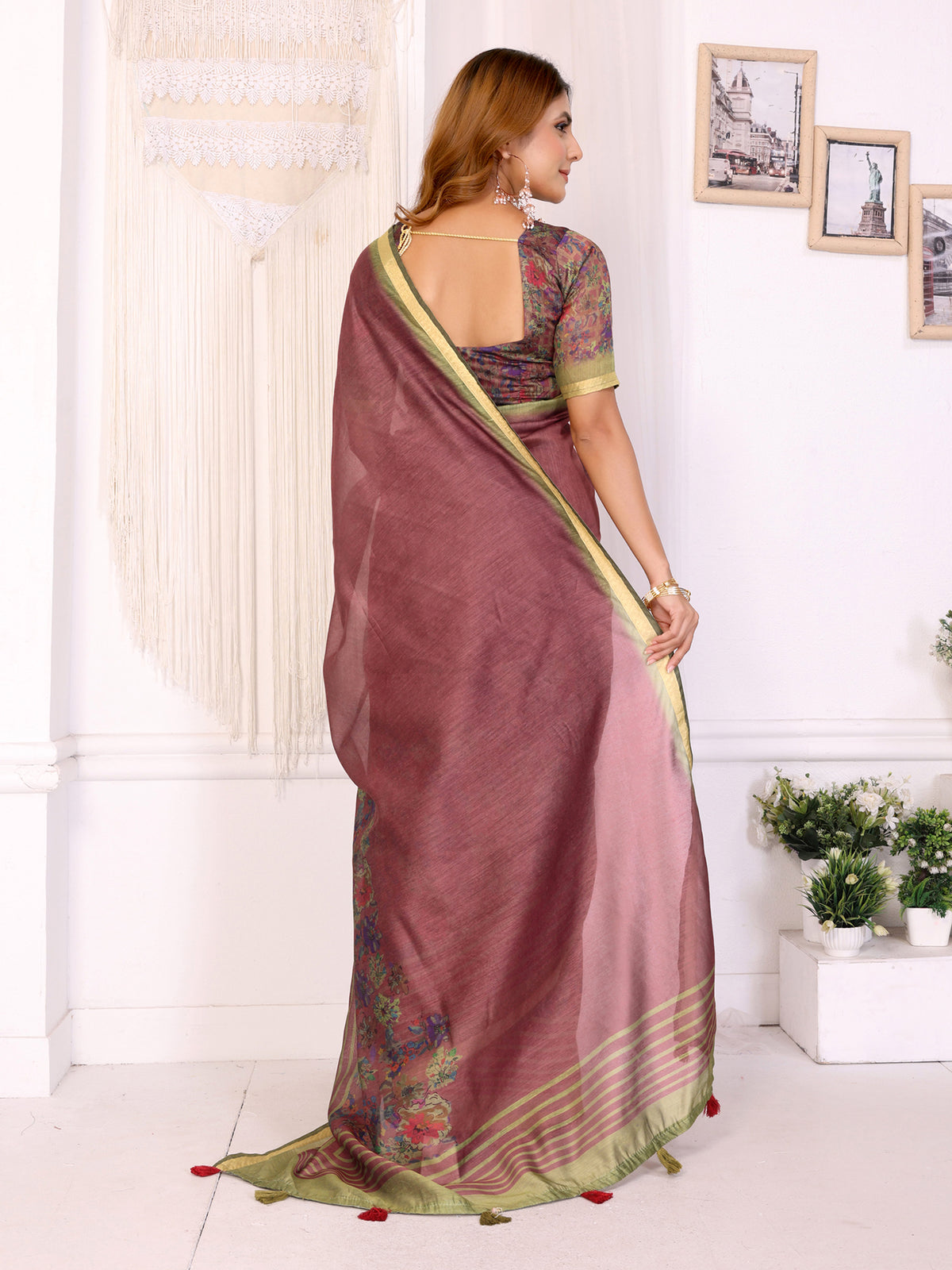 Wine Chanderi Cotton Floral Print Saree with Striped Border for Women