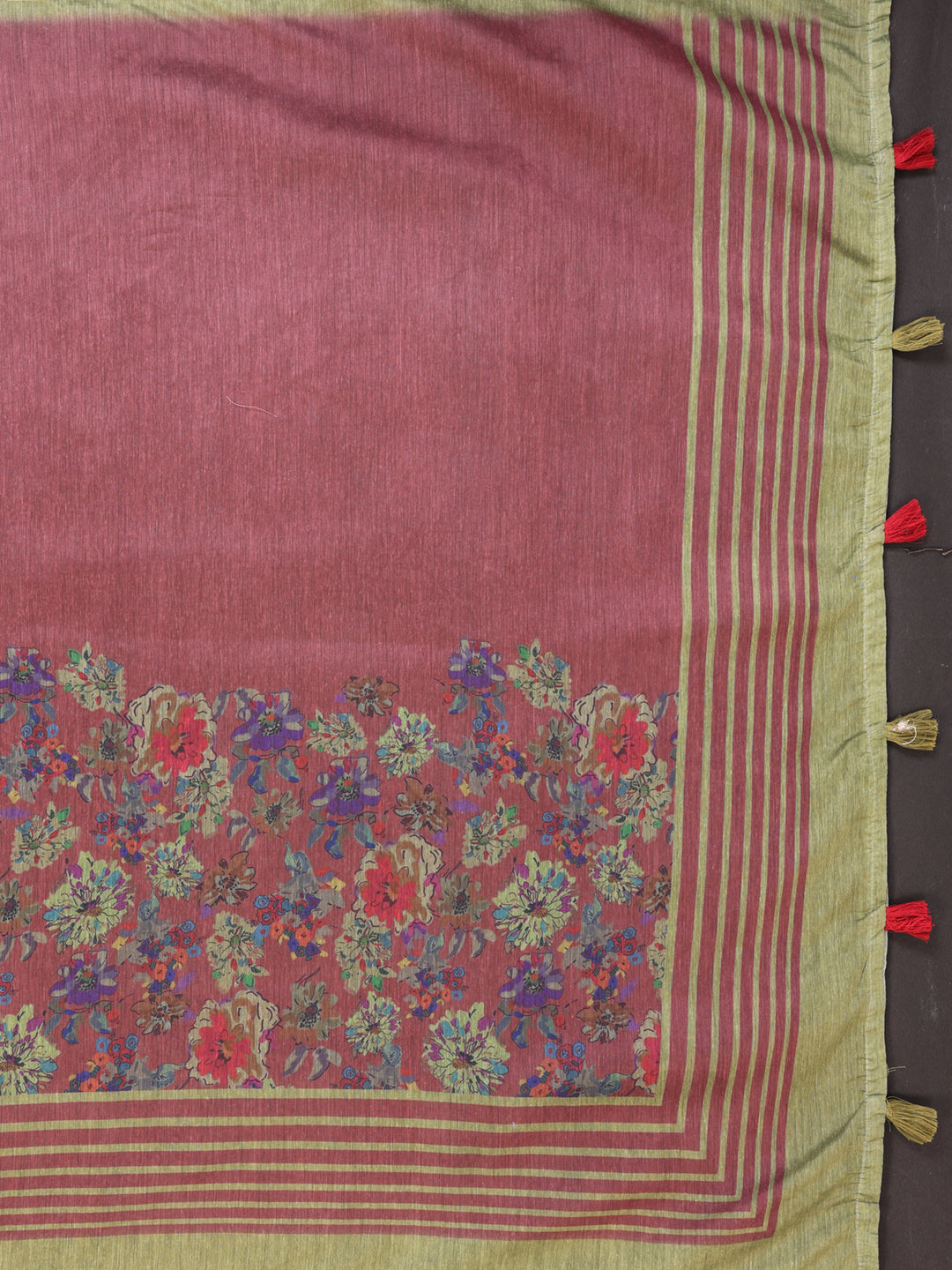 Wine Chanderi Cotton Floral Print Saree with Striped Border for Women