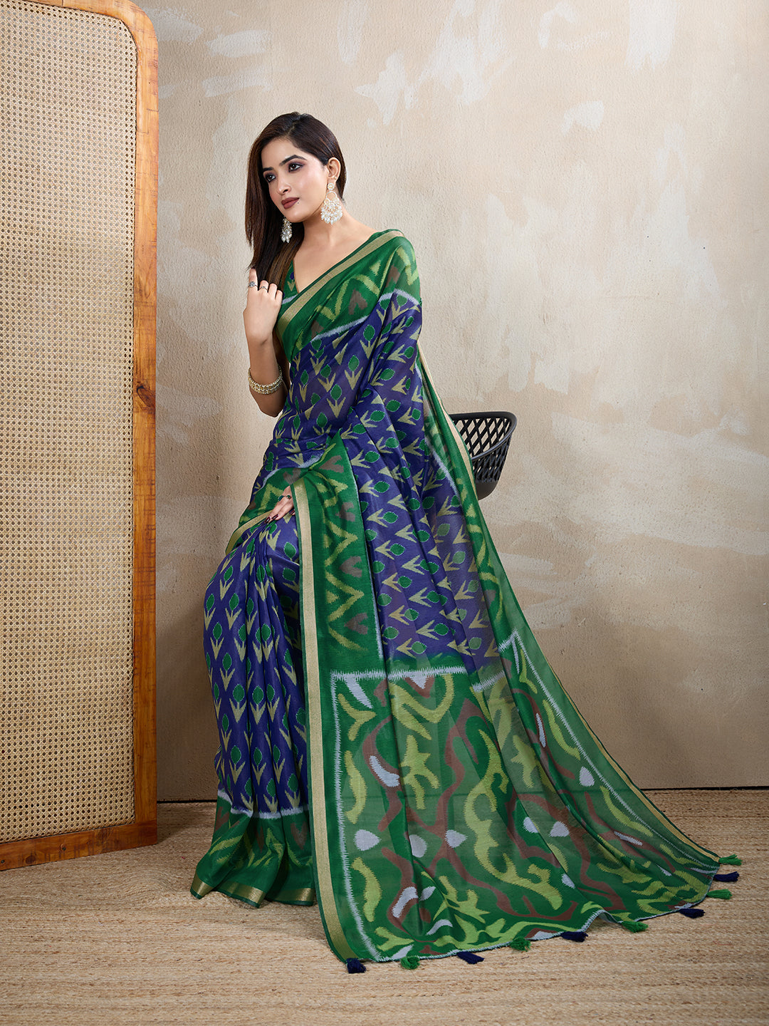 Royal Blue Chanderi Cotton Printed Saree for Women