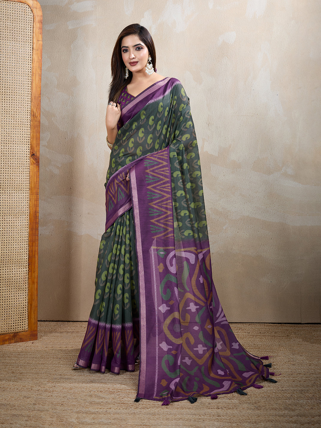 Charcoal Chanderi Cotton Saree with Multicolor Woven Motifs for Women