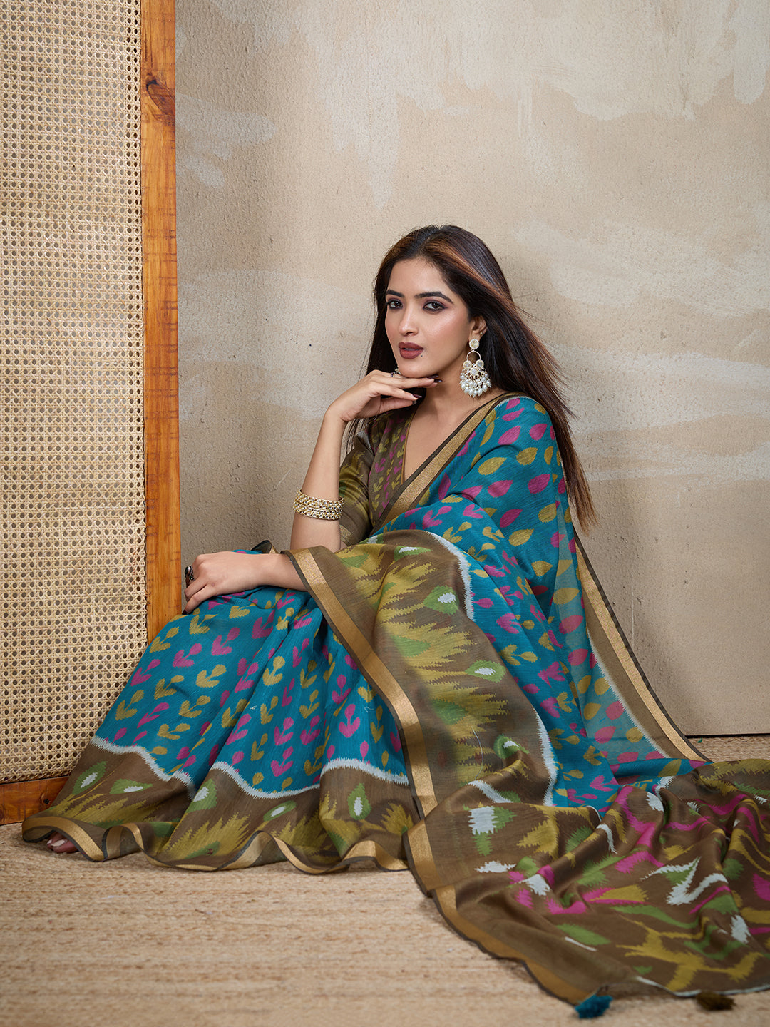 Teal Blue Chanderi Cotton Saree with Artistic Woven Pattern for Women