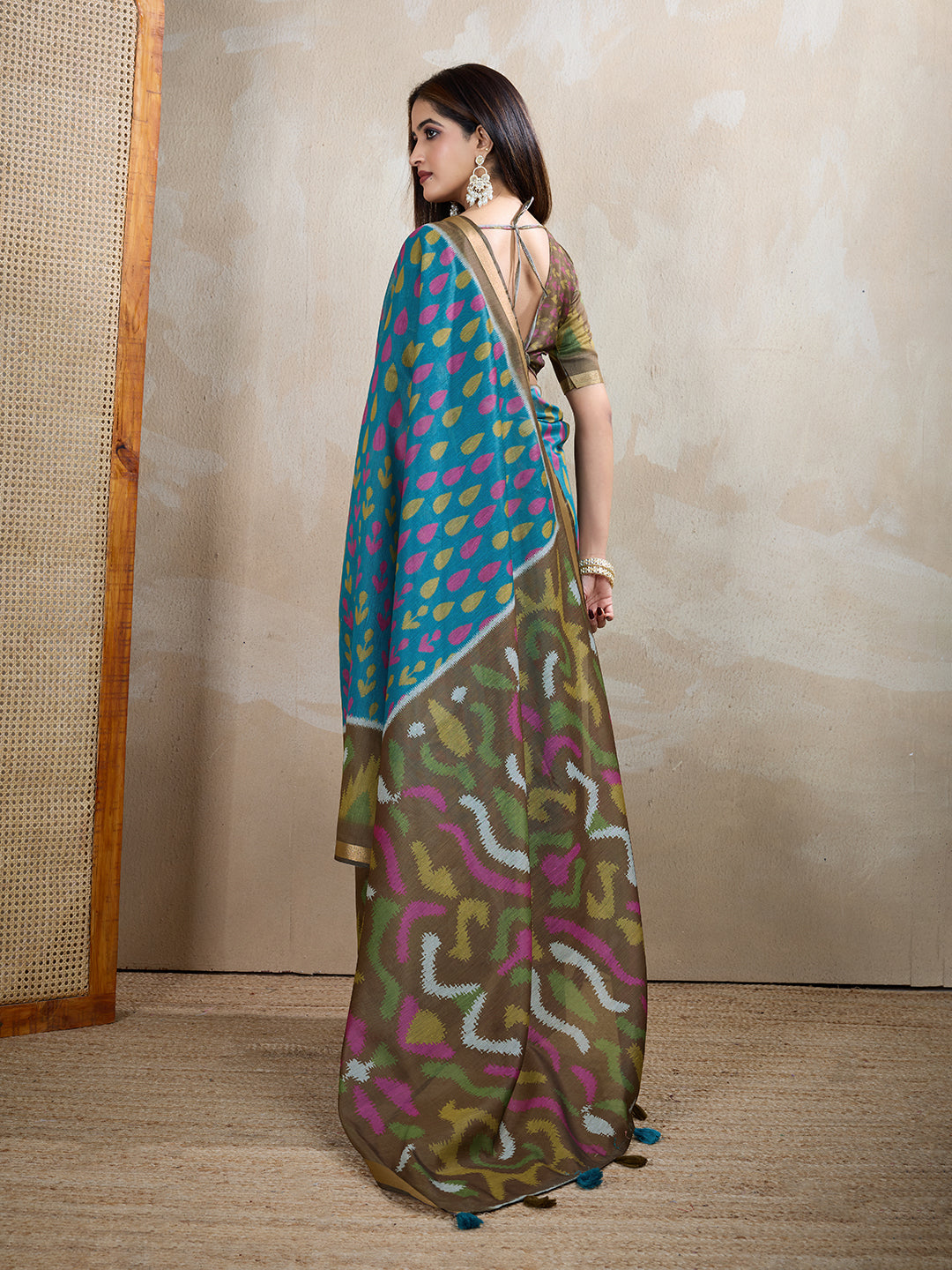 Teal Blue Chanderi Cotton Saree with Artistic Woven Pattern for Women