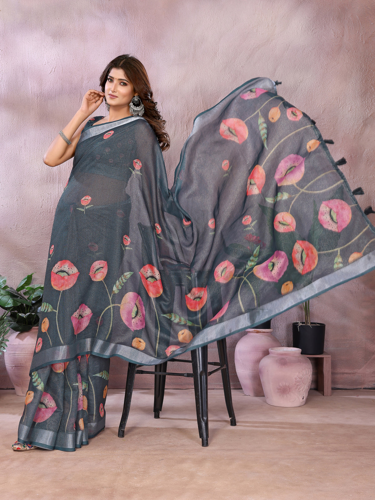 Charcoal Bloom Printed Linen Cotton Saree With Silver Edge for Women