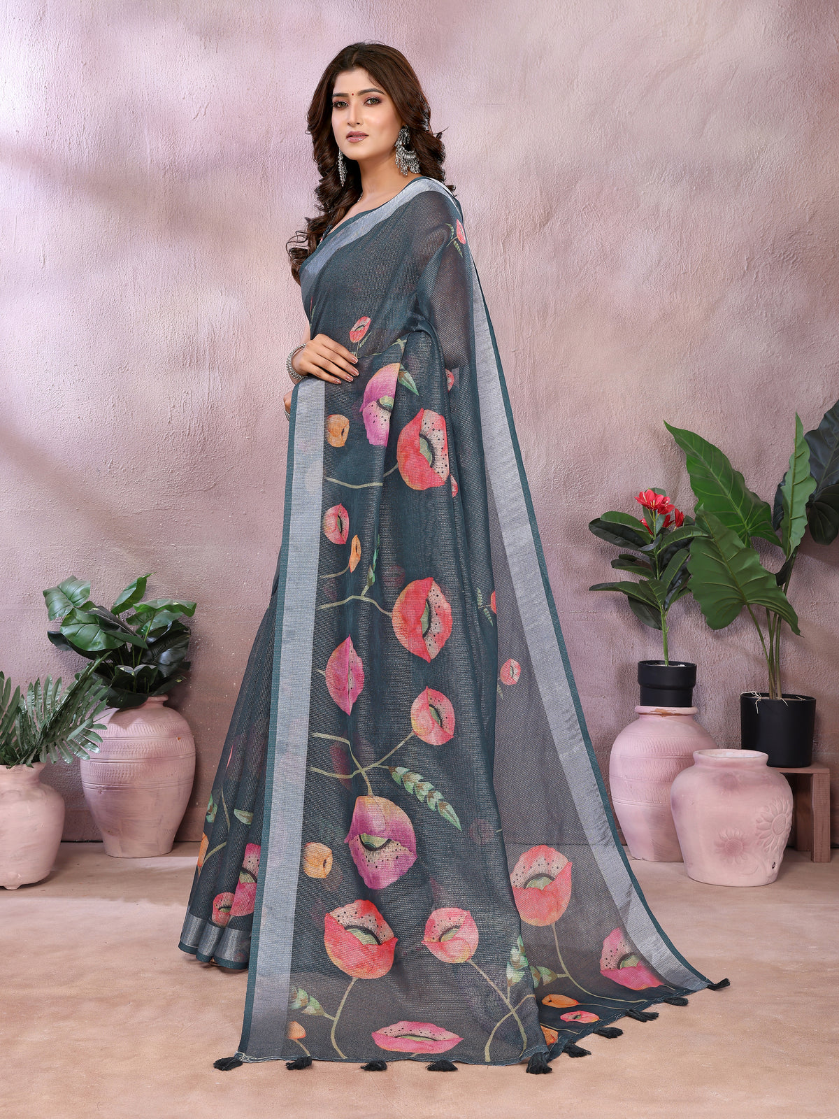 Charcoal Bloom Printed Linen Cotton Saree With Silver Edge for Women