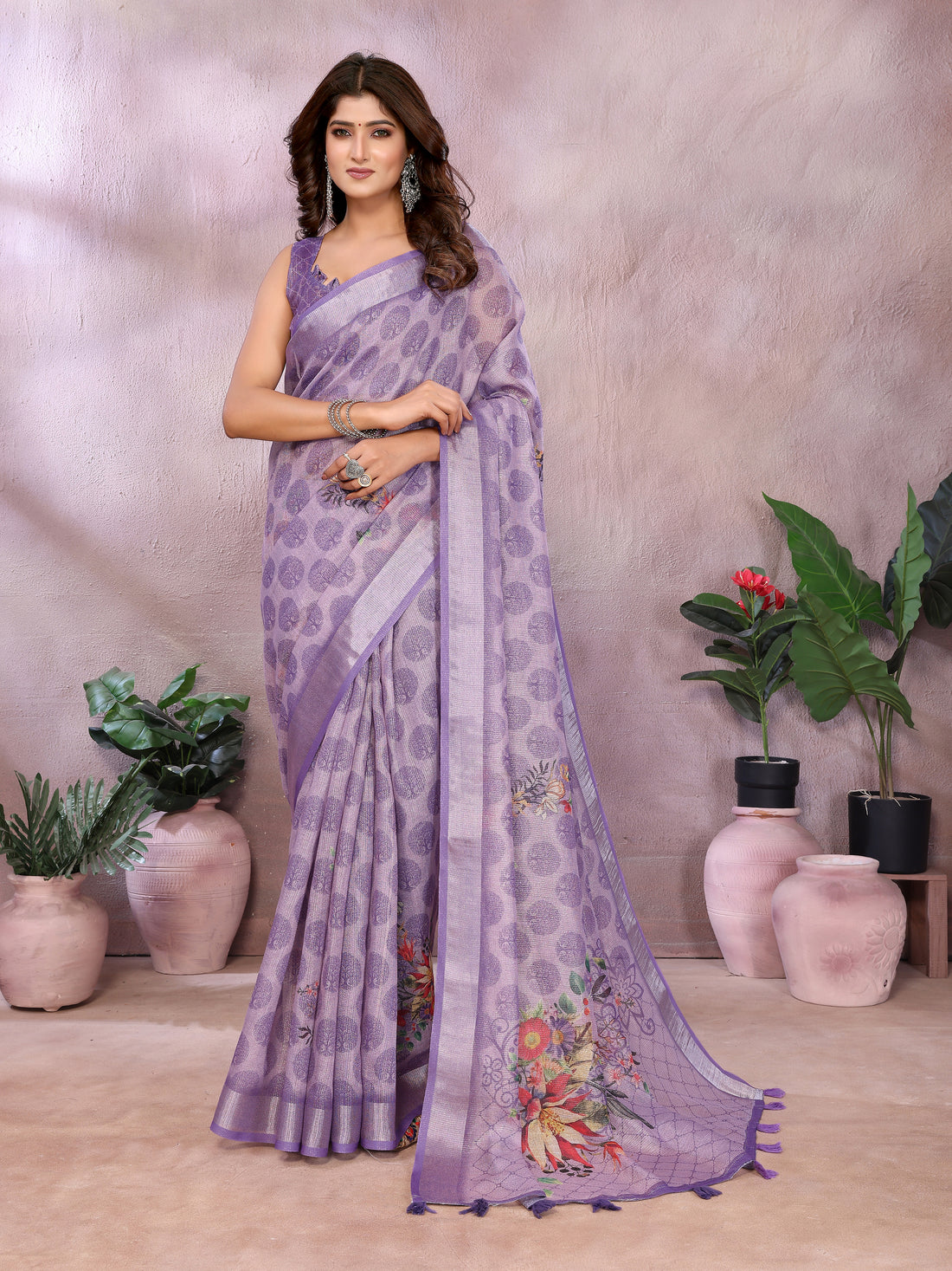 Lavender Paisley Floral Shimmer Linen Cotton Saree for Women