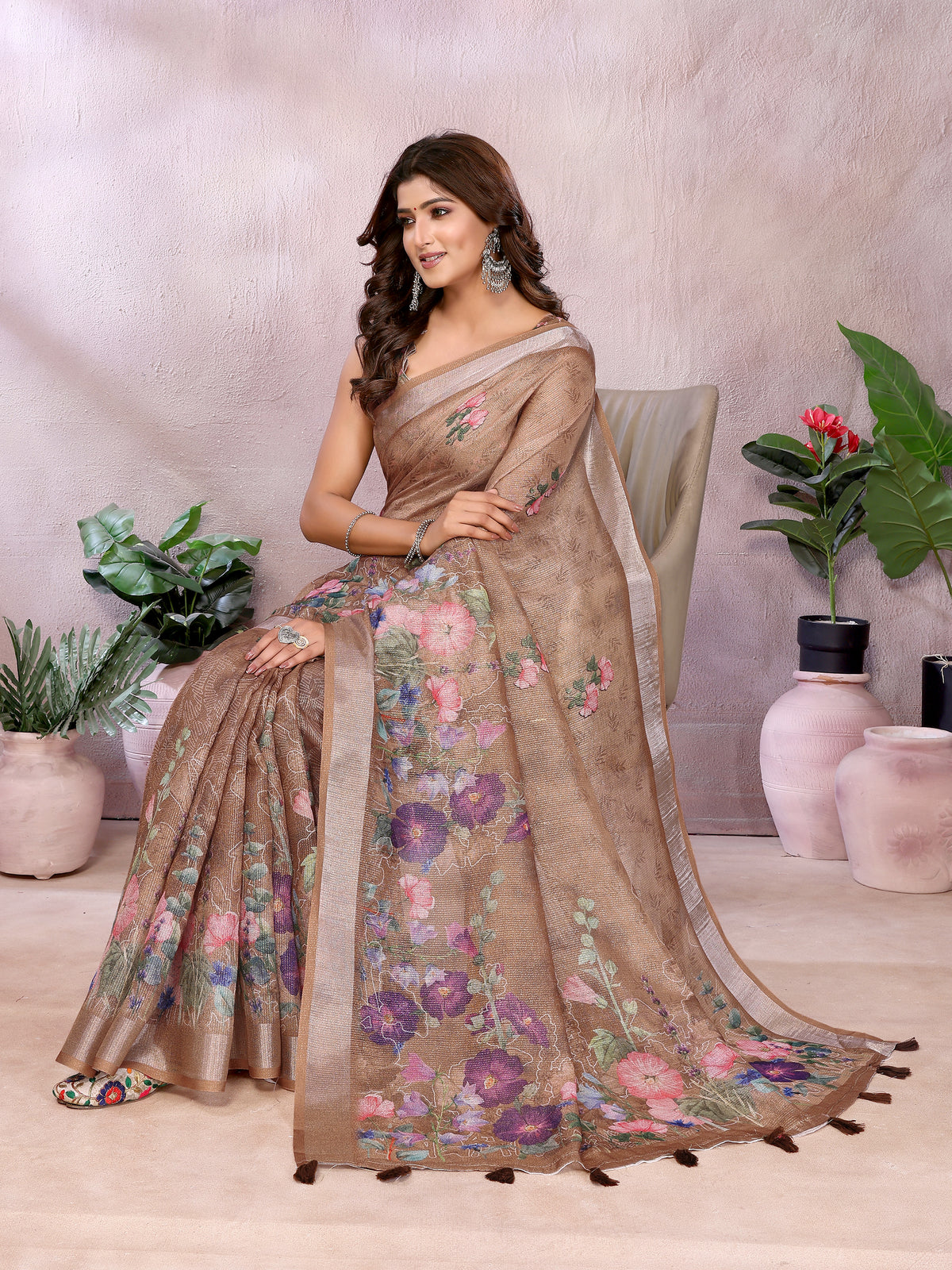 Mocha Floral Shimmer Linen Cotton Saree With Floral Tassels for Women