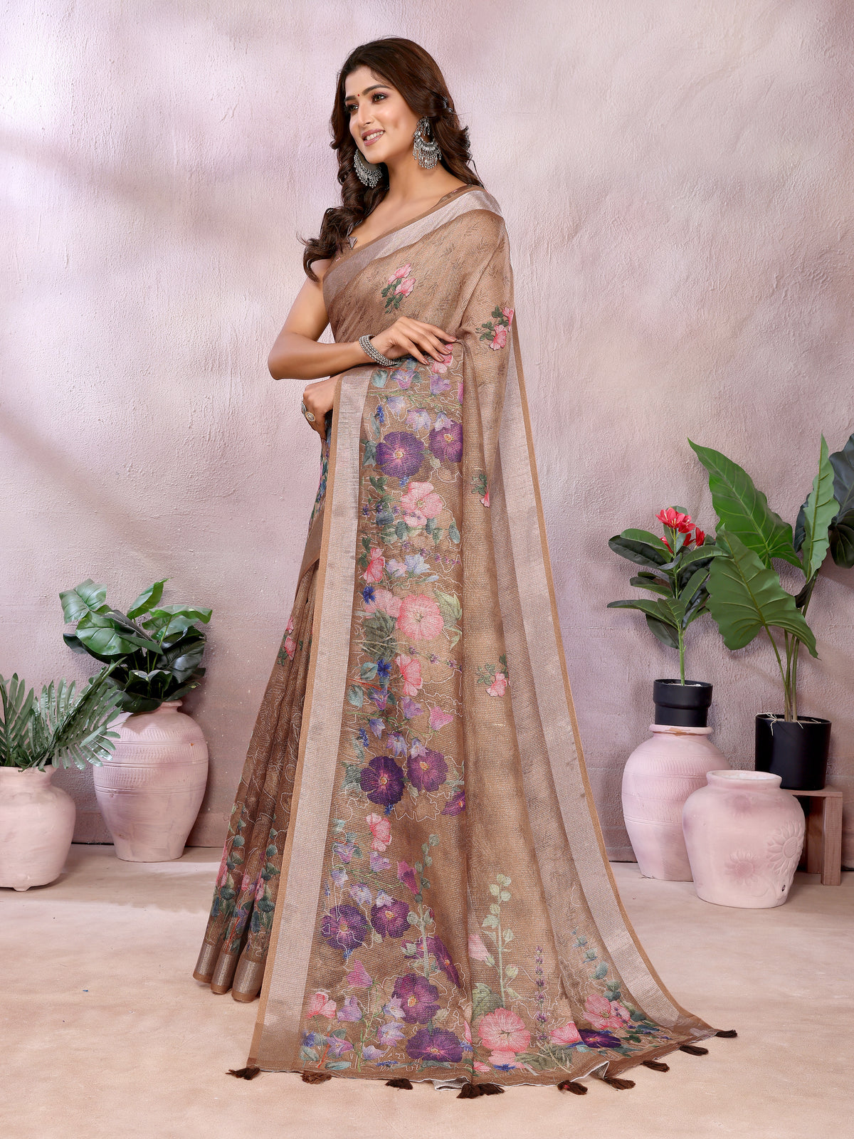 Mocha Floral Shimmer Linen Cotton Saree With Floral Tassels for Women
