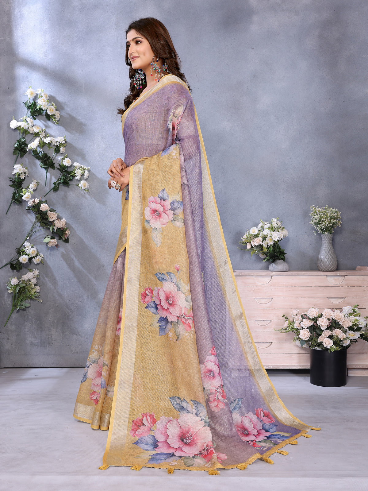 Lavender Shimmer Linen Cotton Floral Print Saree! for Women