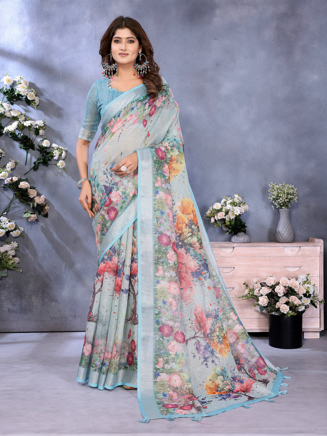 Aqua Blue Floral Shimmer Linen Cotton Saree for Women