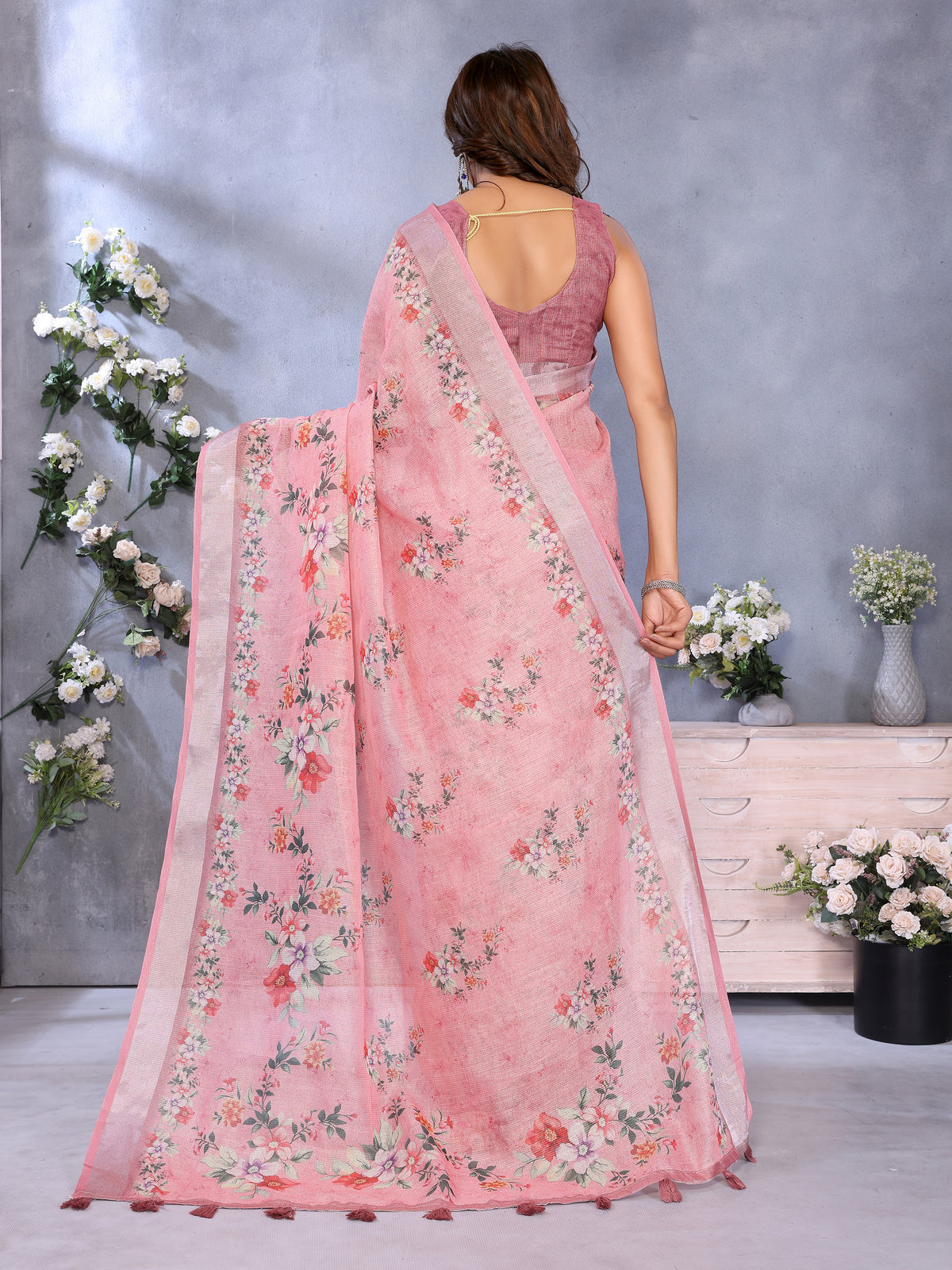 Pink Floral Shimmer Linen Cotton Saree with Printed Tassels for Women