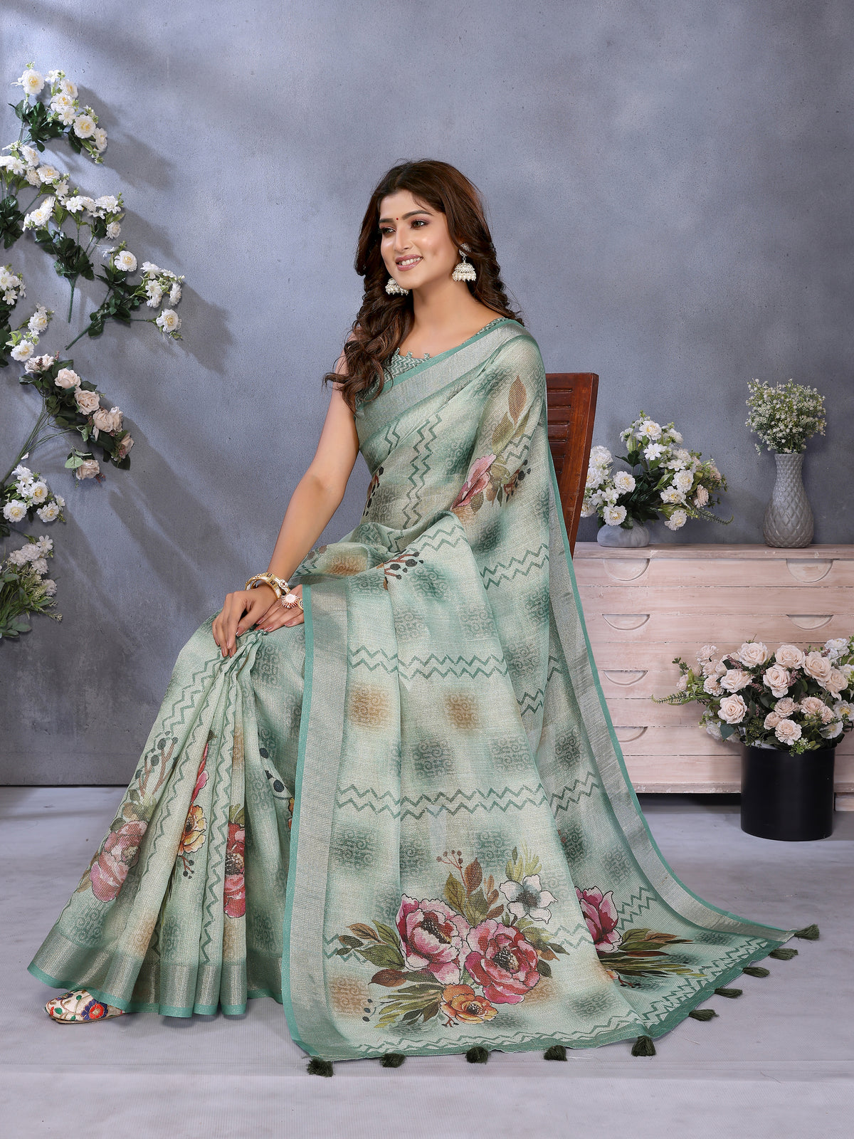 Mint Green Floral Print Shimmer Linen Cotton Saree for Women