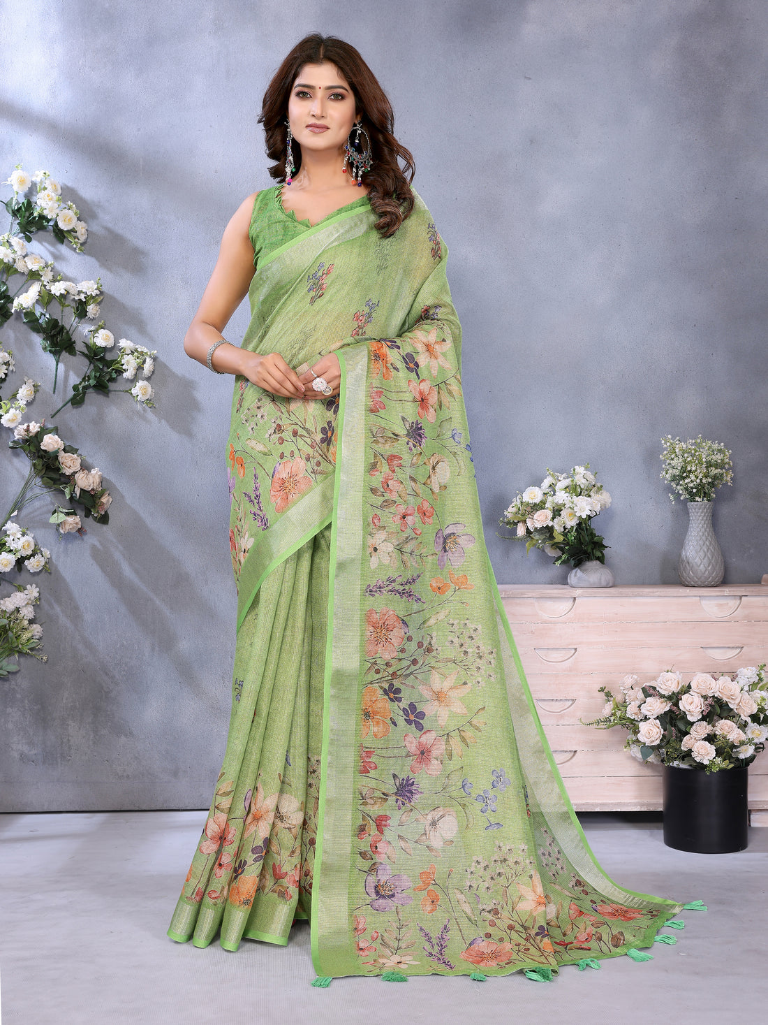 Pastel Green Floral Print Shimmer Linen Cotton Saree for Women
