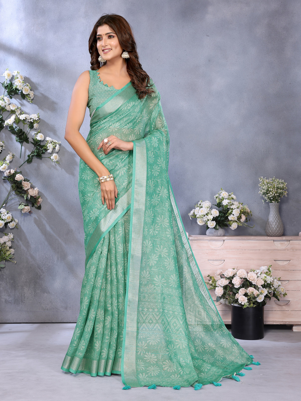 Mint Green Floral Shimmer Linen Cotton Saree for Women