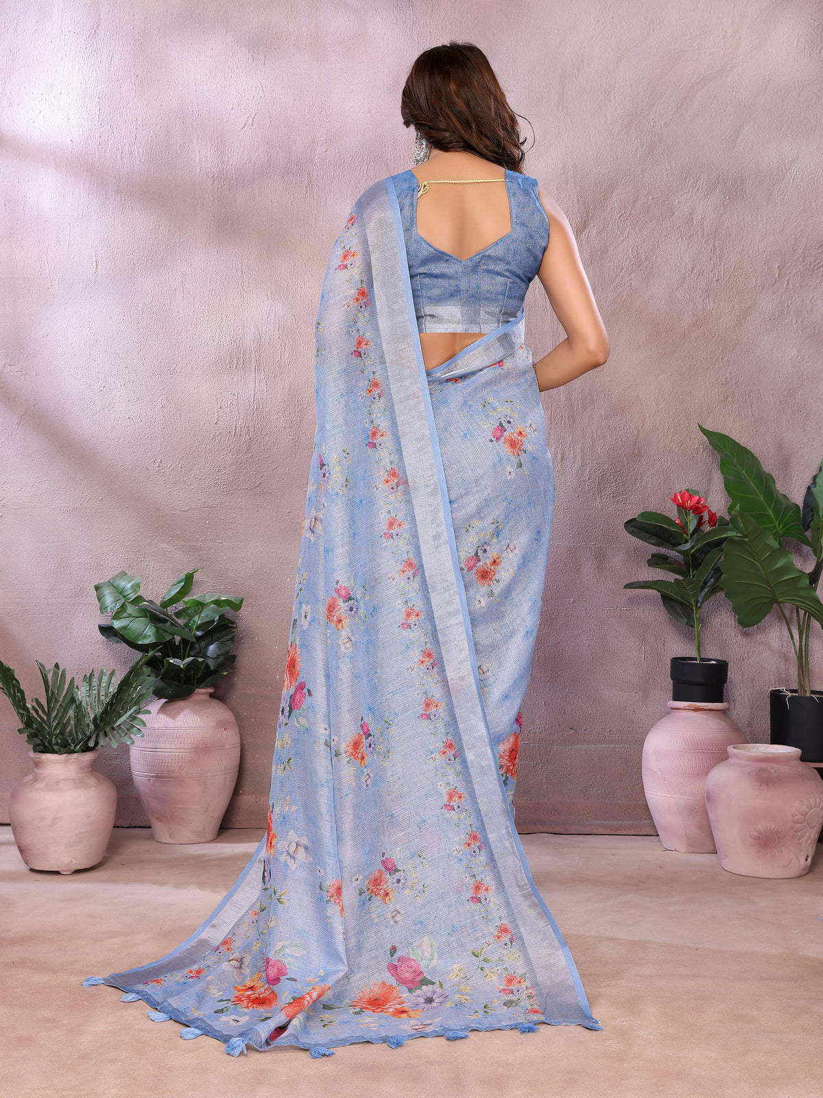 Powder Blue Floral Shimmer Linen Cotton Saree with Tassels for Women