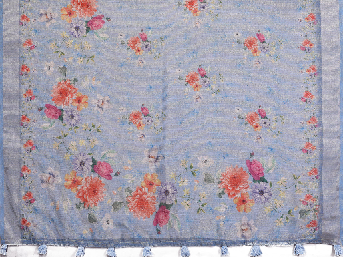Powder Blue Floral Shimmer Linen Cotton Saree with Tassels for Women