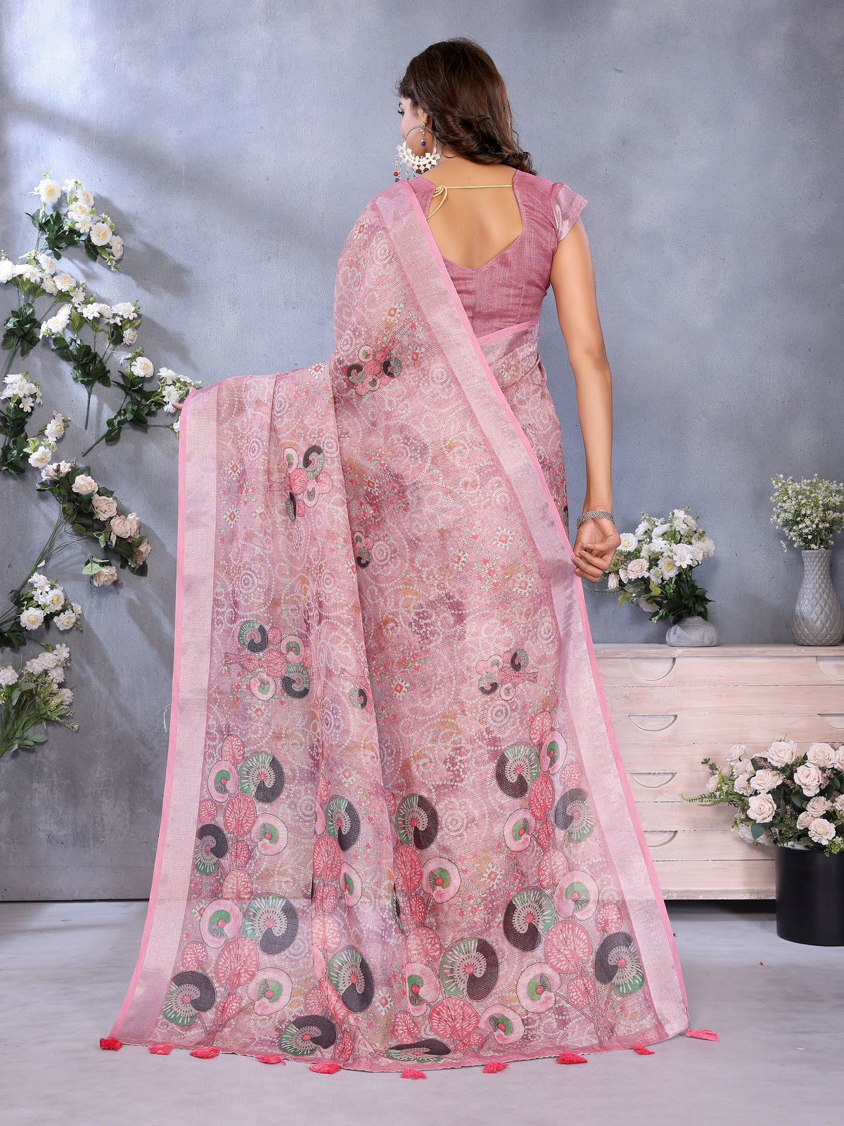 Rose Pink Printed Shimmer Linen Cotton Saree for Women