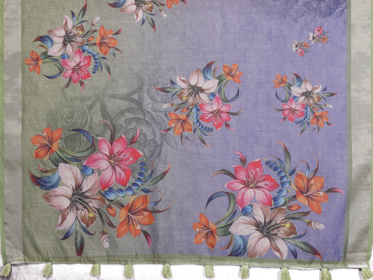 Lavender Floral Printed Shimmer Linen Cotton Saree for Women