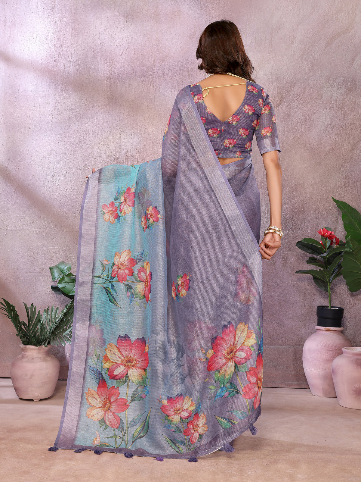 Lavender Floral Shimmer Linen Cotton Saree for Women