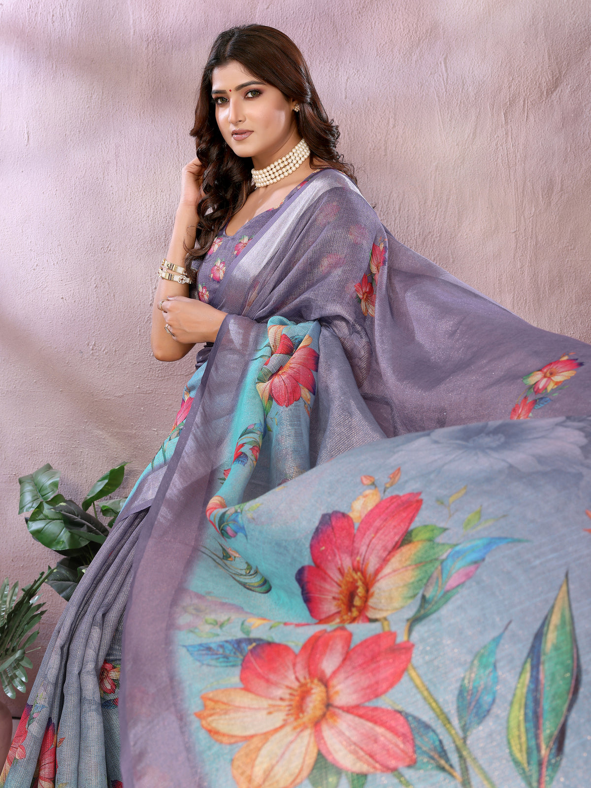 Lavender Floral Shimmer Linen Cotton Saree for Women