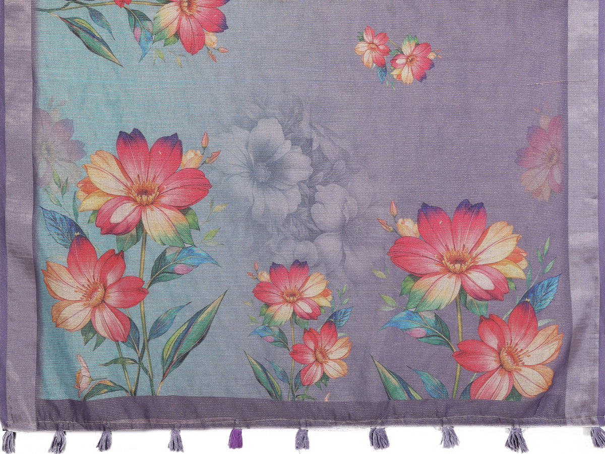 Lavender Floral Shimmer Linen Cotton Saree for Women