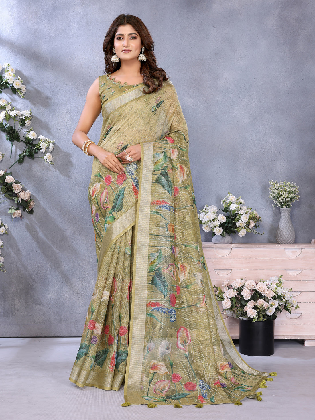 Olive Green Floral Shimmer Linen Cotton Saree for Women
