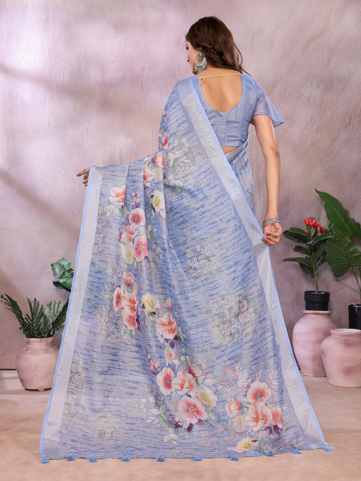 Blue Floral Printed Shimmer Linen Cotton Saree for Women