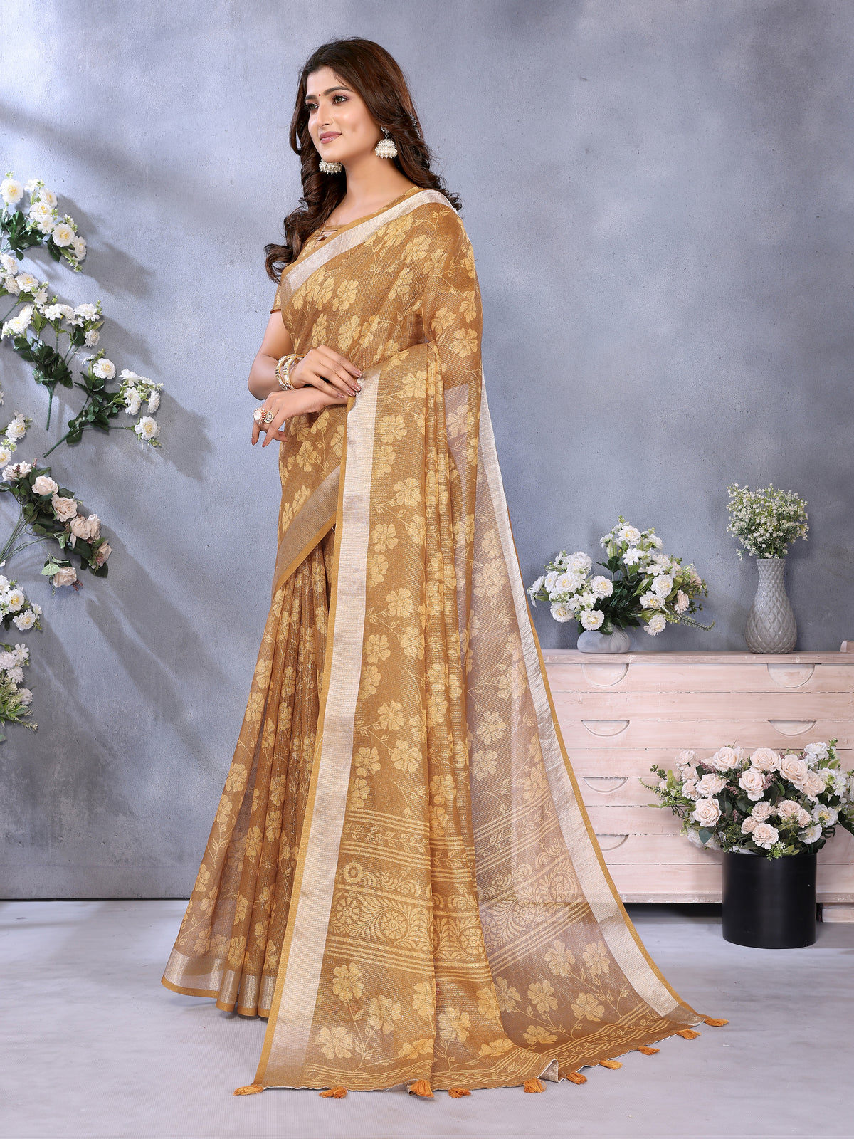Mustard Brown Shimmer Linen Cotton Floral Saree with Border for Women
