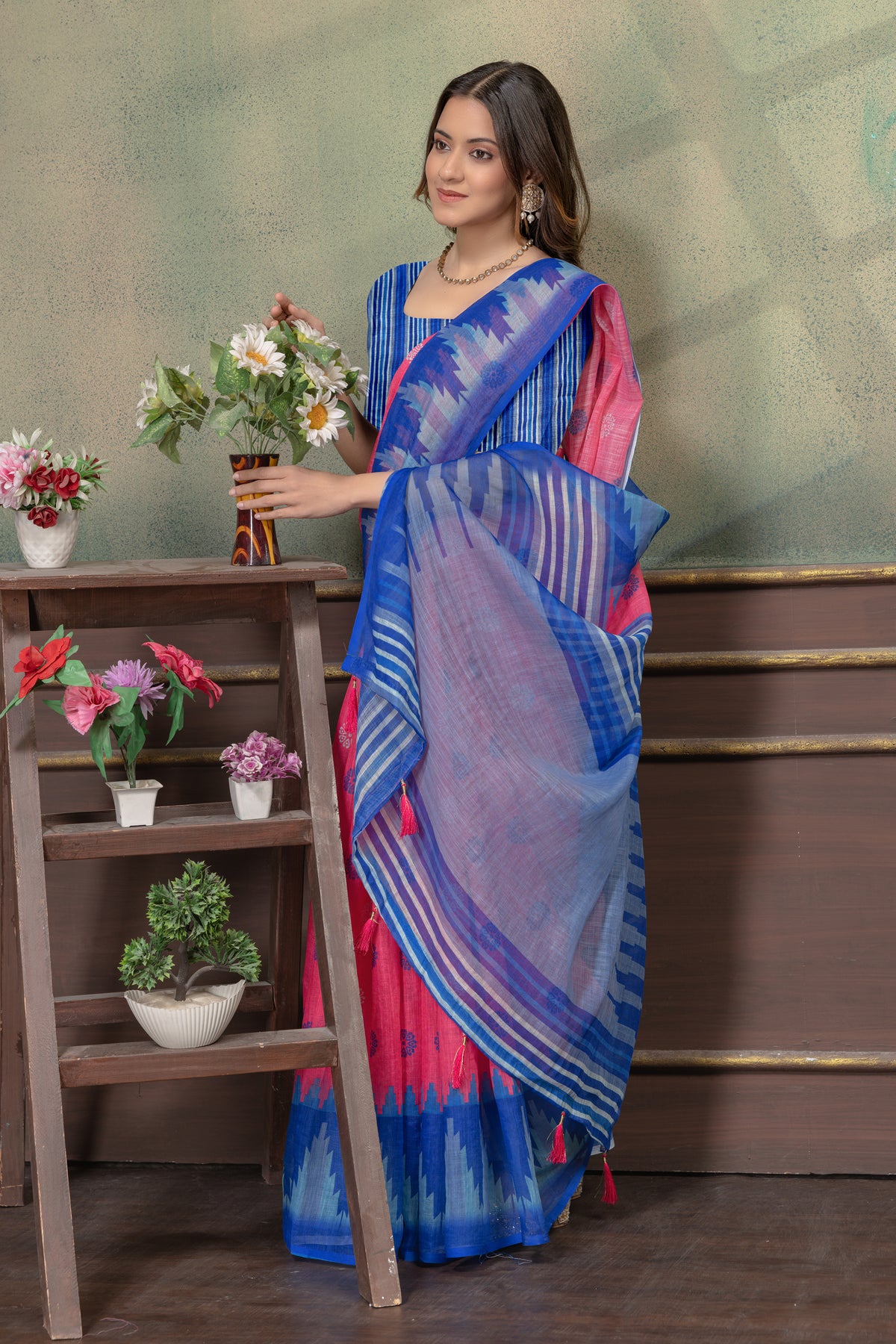Coral Pink & Royal Blue Printed Saree with Designer Border for Women