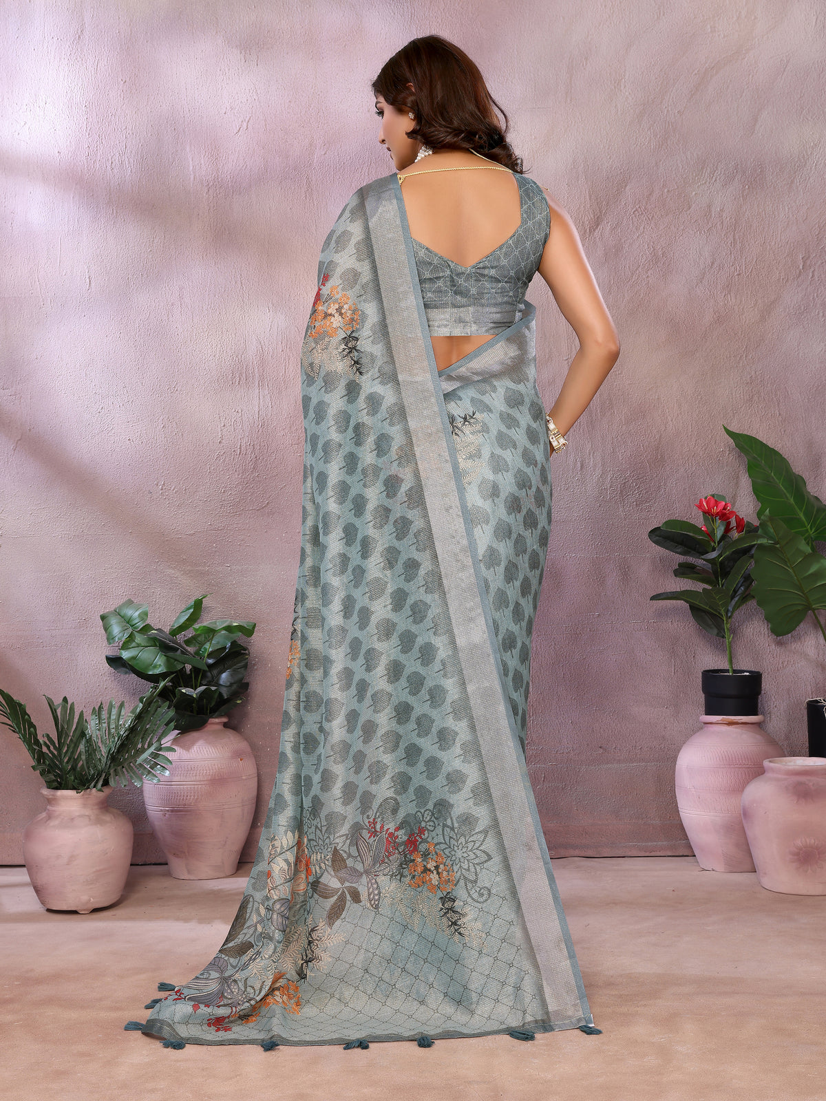 Pastel Sage Shimmer Linen Cotton Floral Ethnic Saree Womens for Women