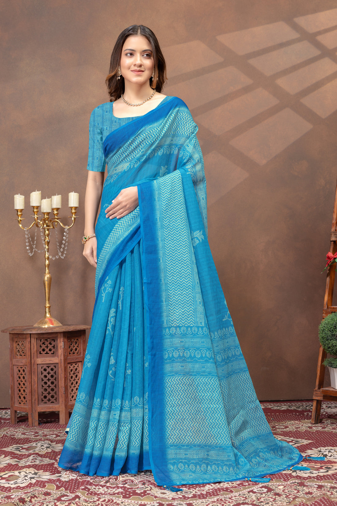 Sky Blue Printed Satin Saree with Designer Contrast Border for Women