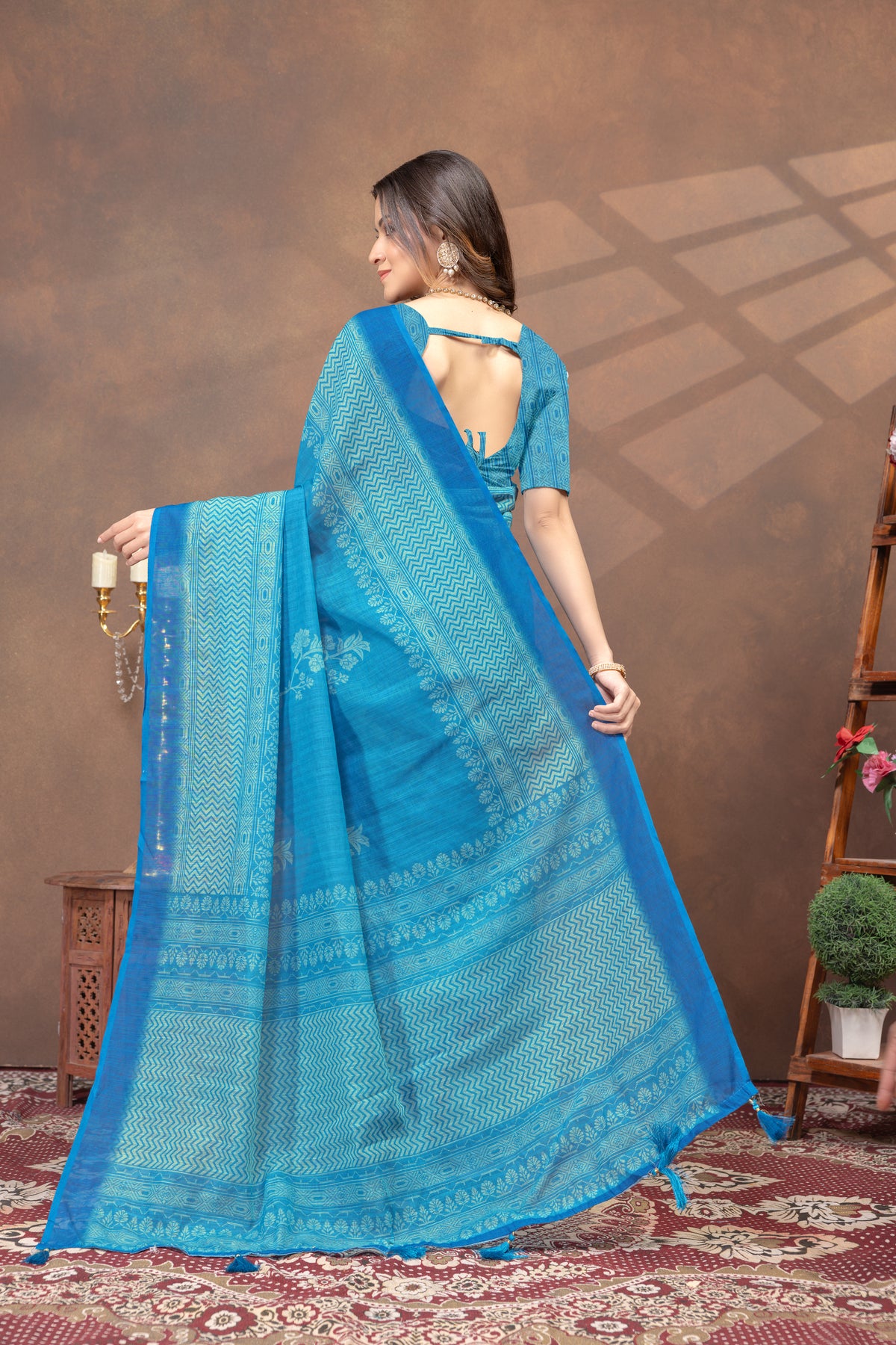 Sky Blue Printed Satin Saree with Designer Contrast Border for Women