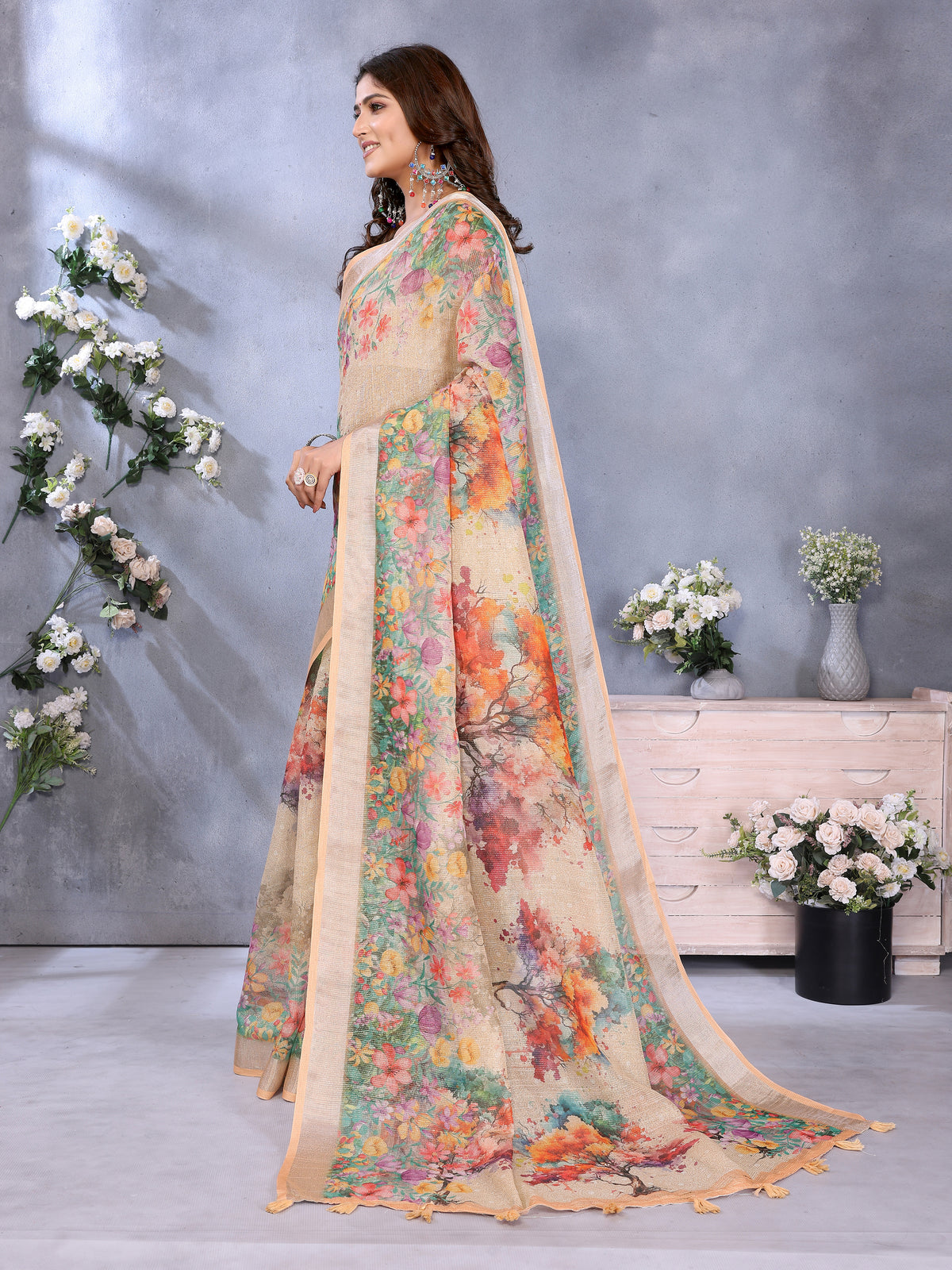 Peach Floral Digital Print Shimmer Linen Cotton Saree for Women