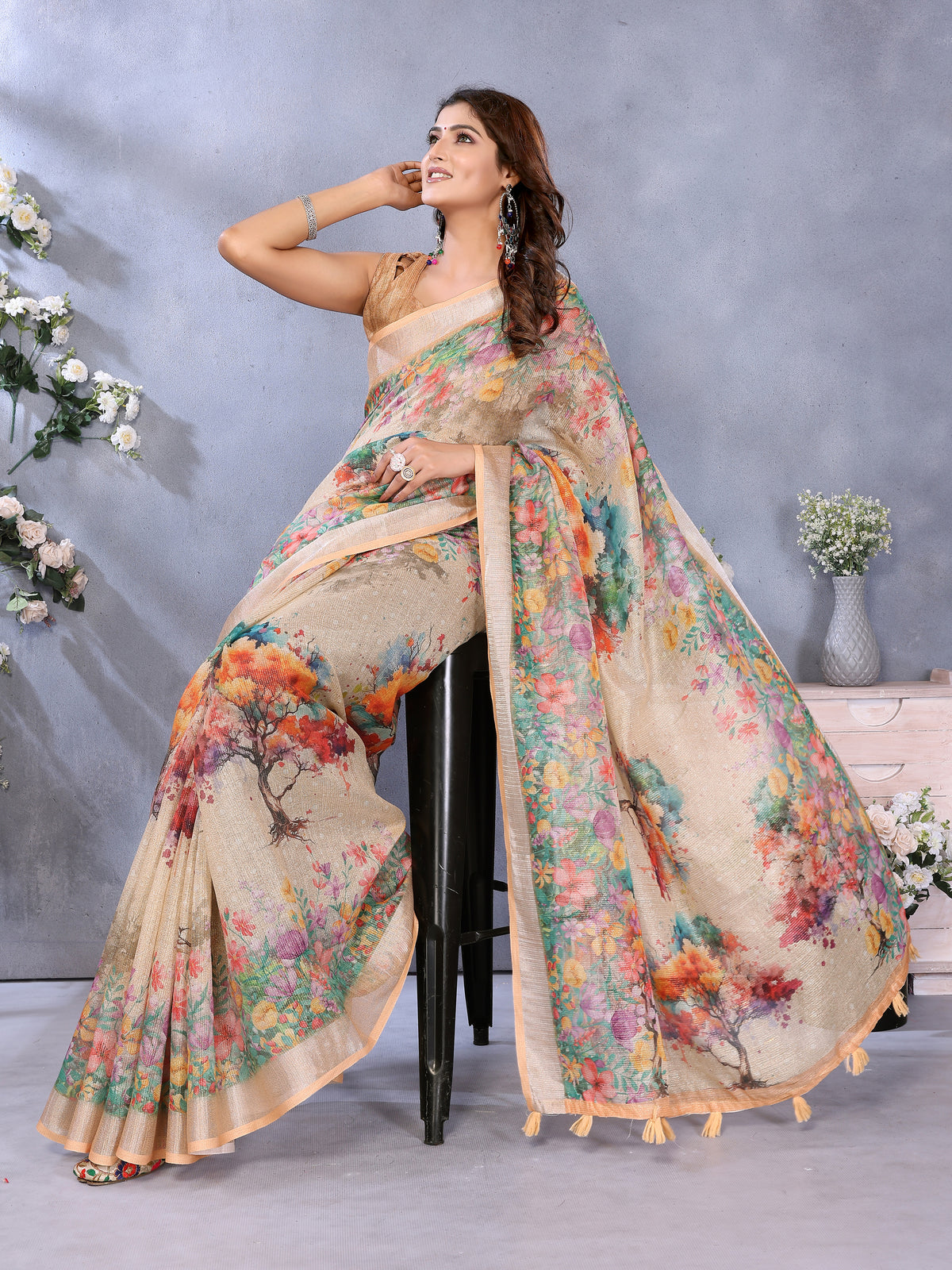 Peach Floral Digital Print Shimmer Linen Cotton Saree for Women