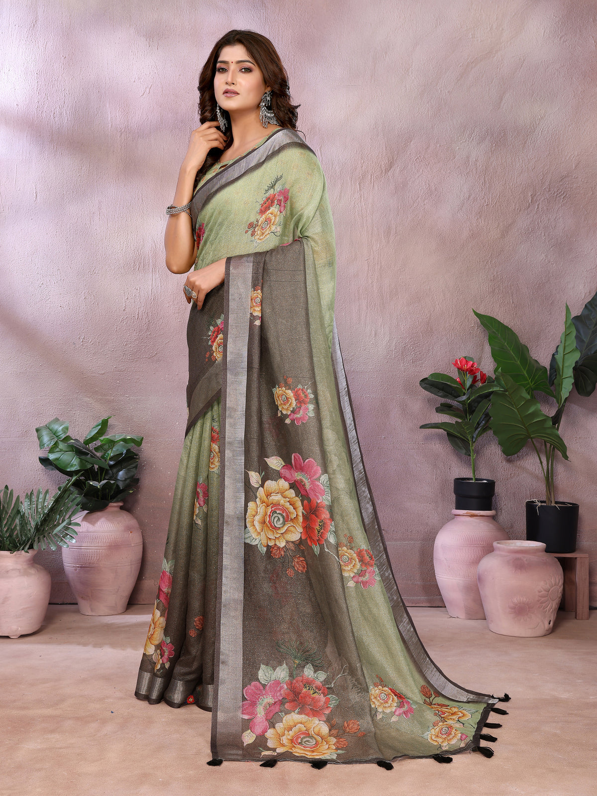 Sage Green Floral Shimmer Linen Cotton Saree for Women