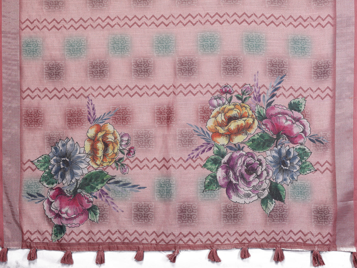 Blush Pink Floral Printed Shimmer Linen Cotton Saree for Women