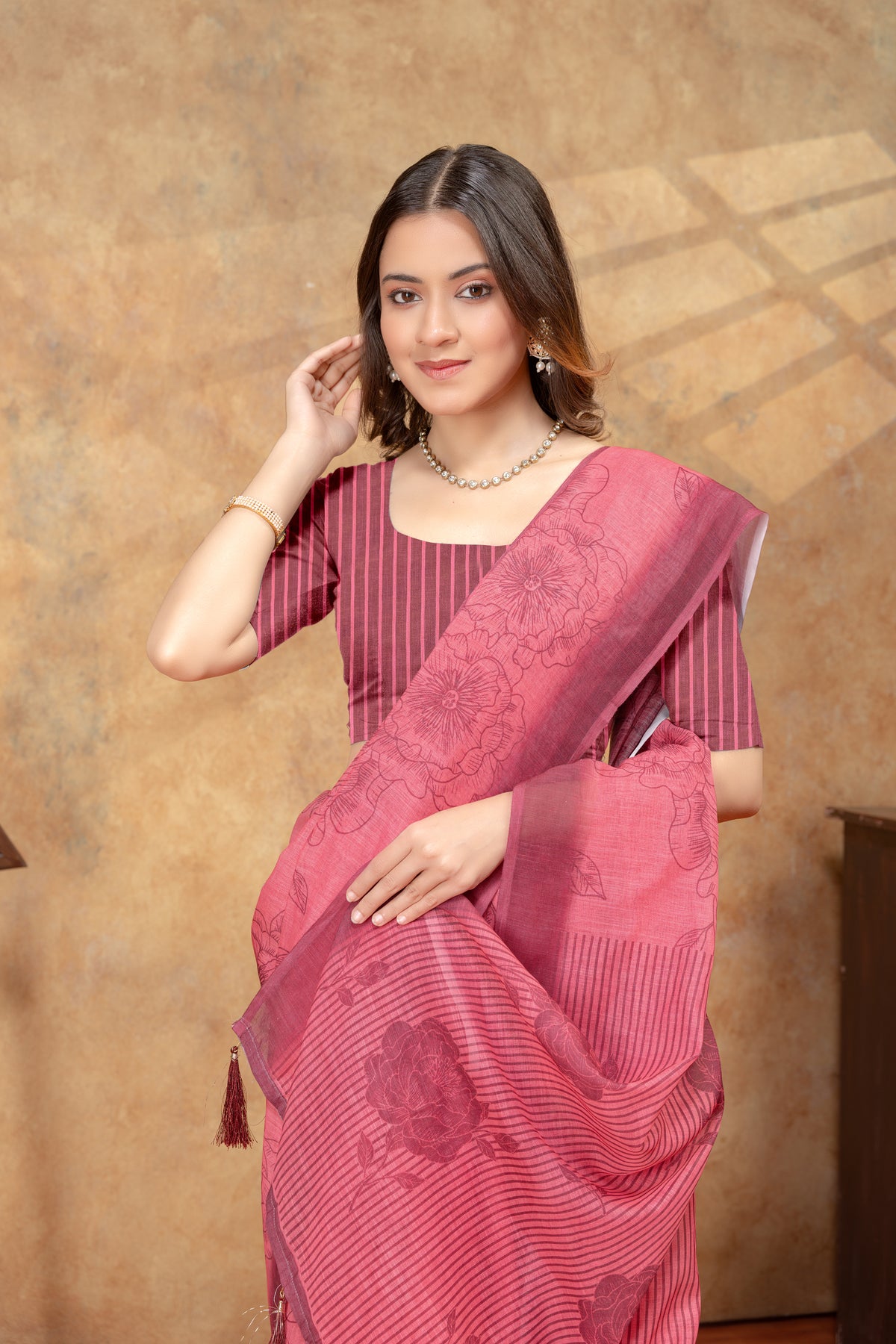 Rose Pink Floral Printed Saree with Striped Border for Women