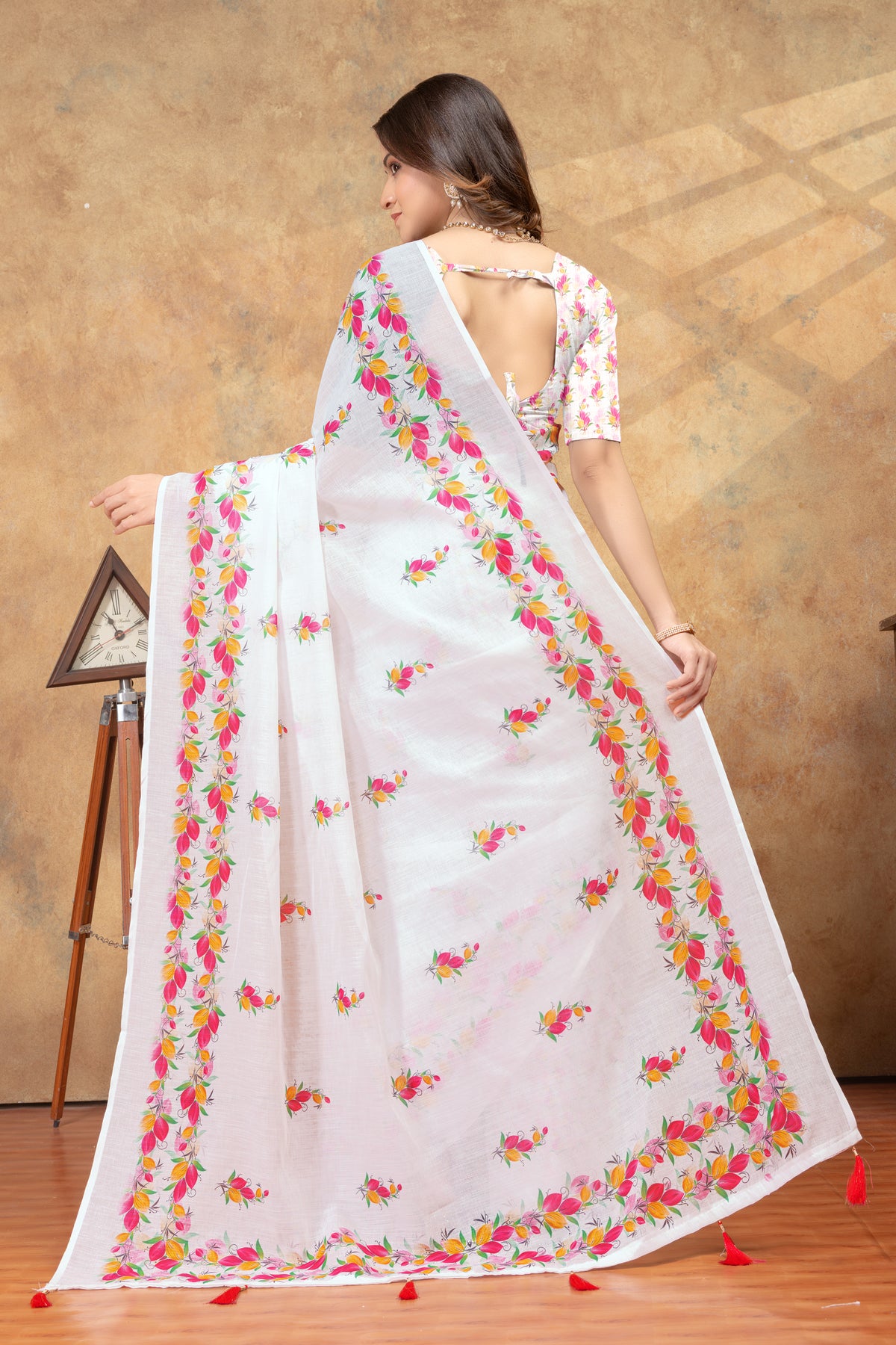 White Floral Printed Saree with Colorful Border for Women