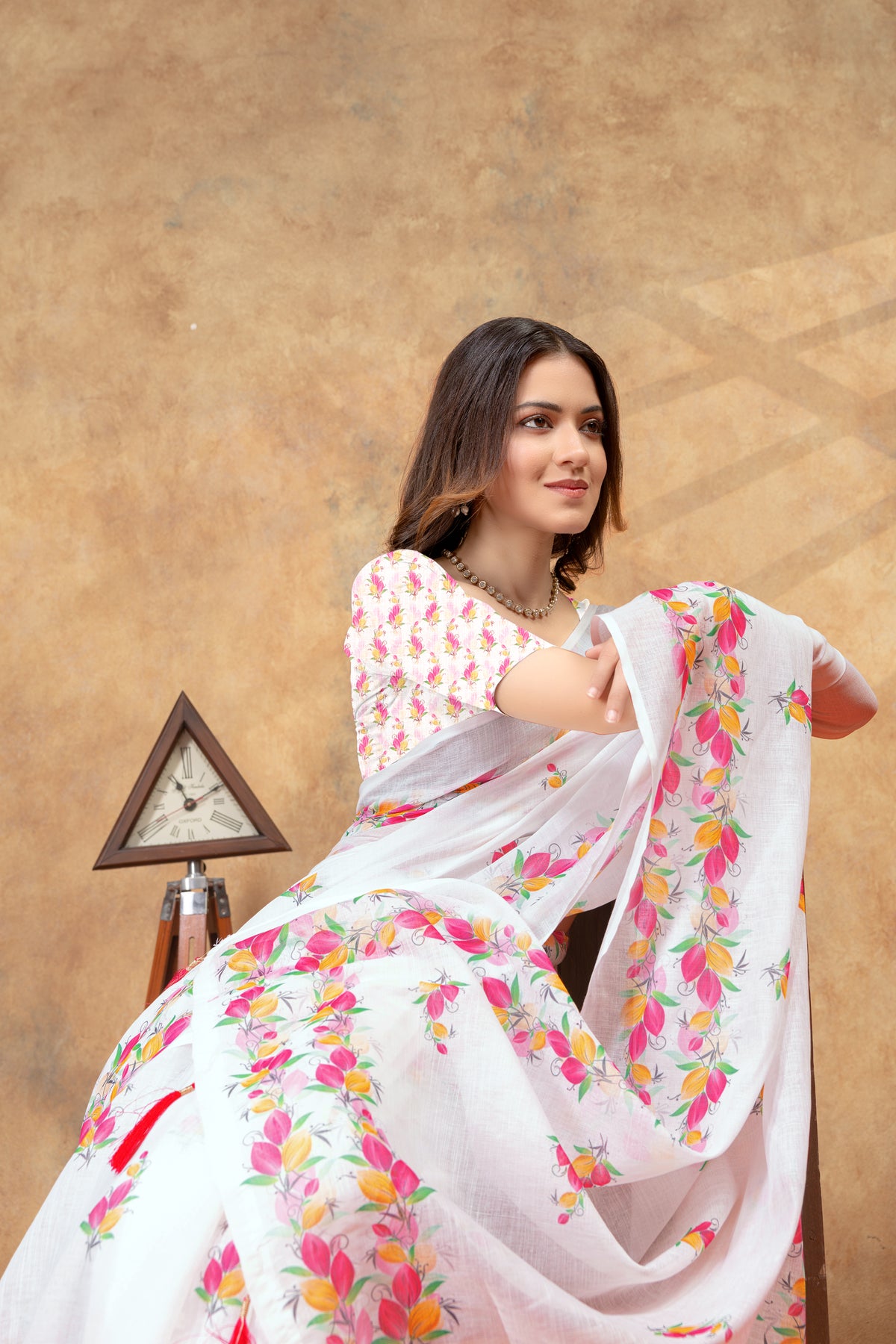 White Floral Printed Saree with Colorful Border for Women
