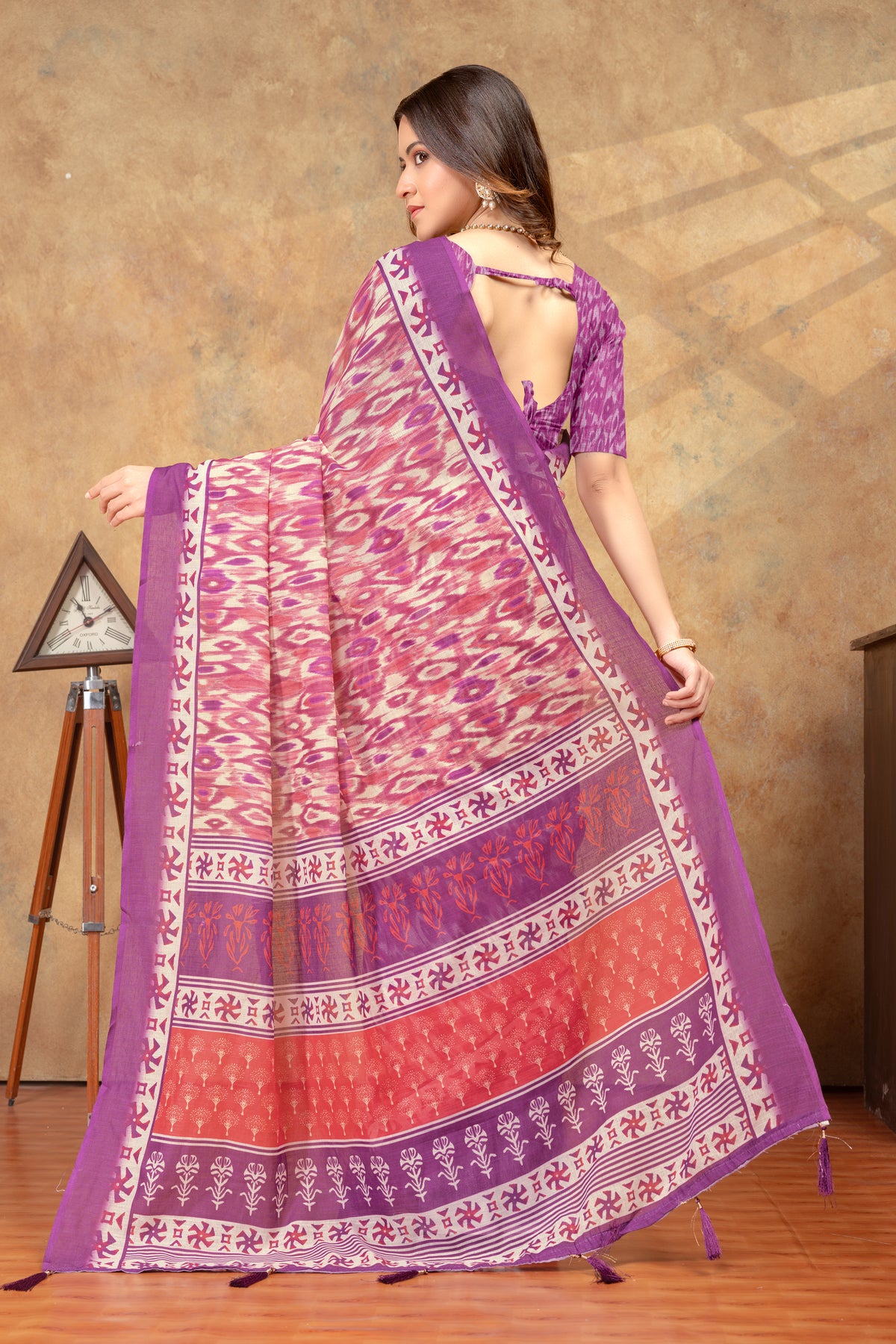 Purple Pink Ikat Print Saree with Decorative Border for Women