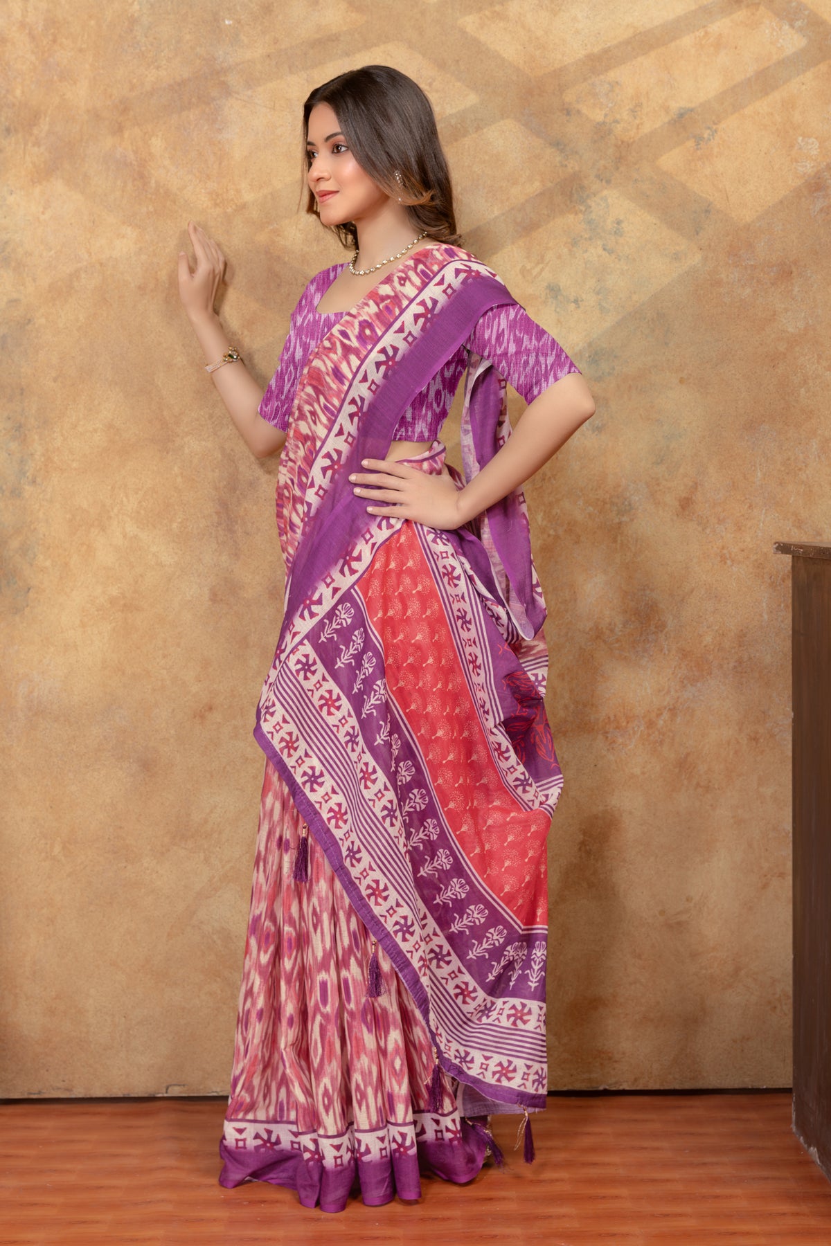 Purple Pink Ikat Print Saree with Decorative Border for Women