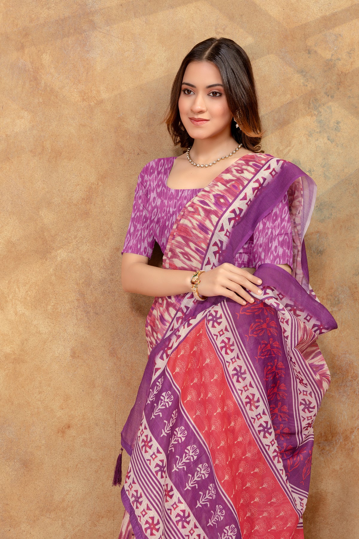 Purple Pink Ikat Print Saree with Decorative Border for Women