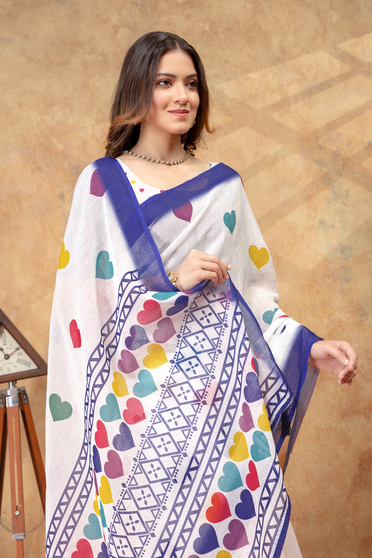White Heart Print Saree with Blue Geometric Border for Women
