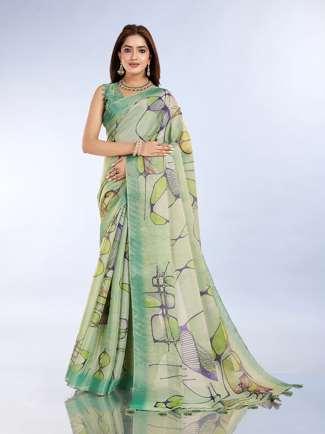 Sea Green Abstract Print Erode Cotton Saree with Blouse Set for Women