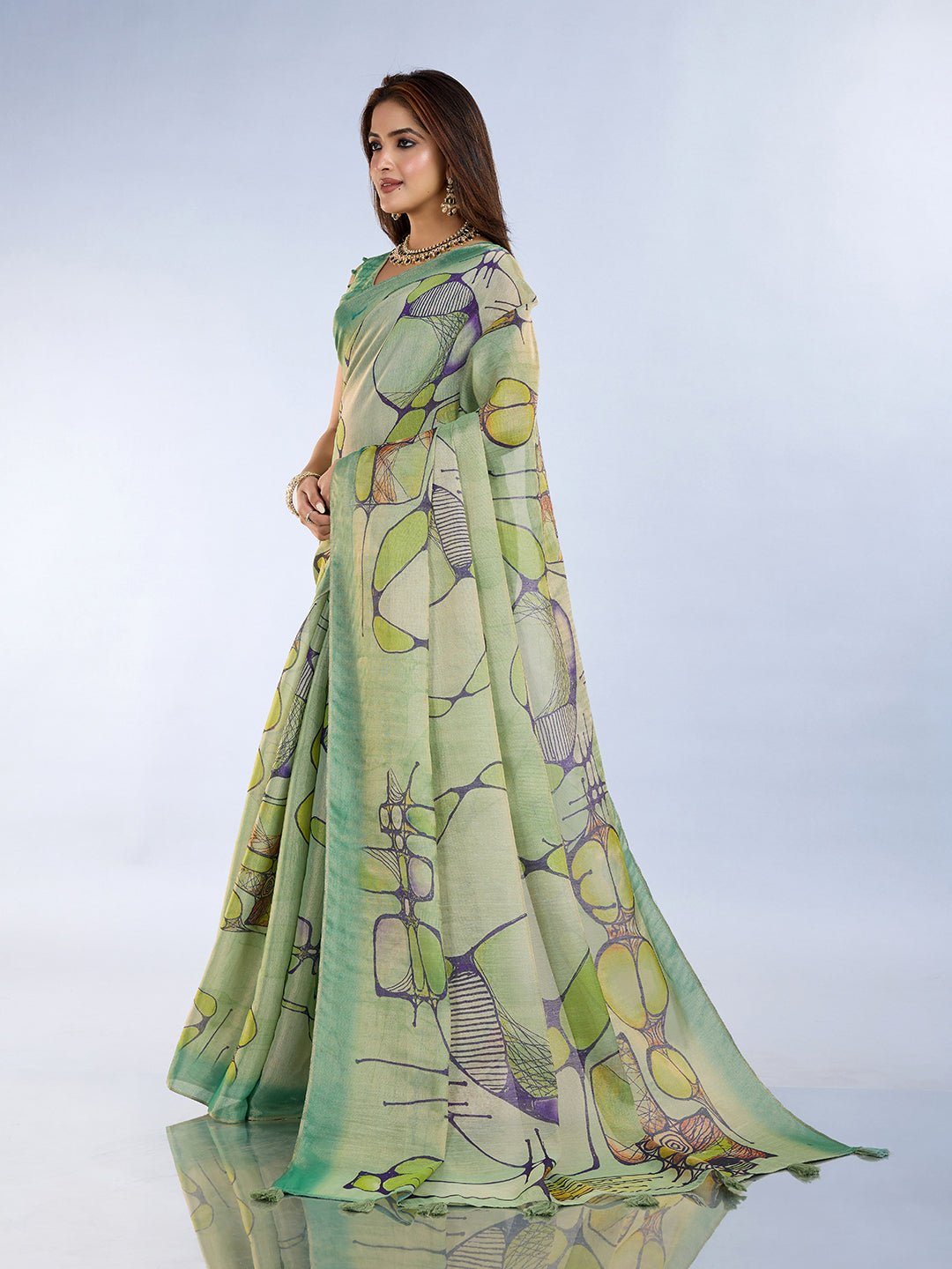 Sea Green Abstract Print Erode Cotton Saree with Blouse Set for Women