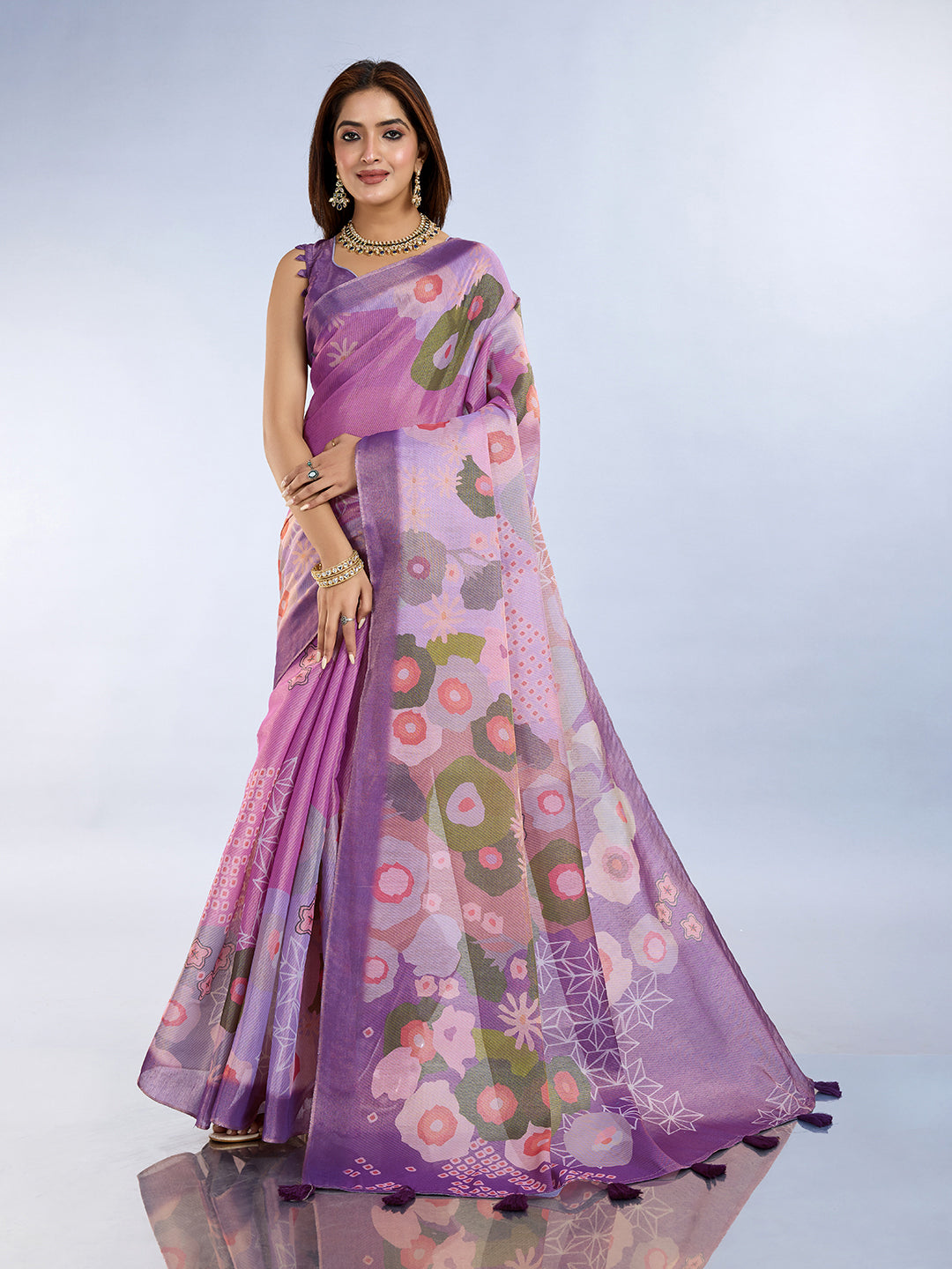 Elegant Lilac Floral Erode Cotton Saree with Contrast Pallu for Women
