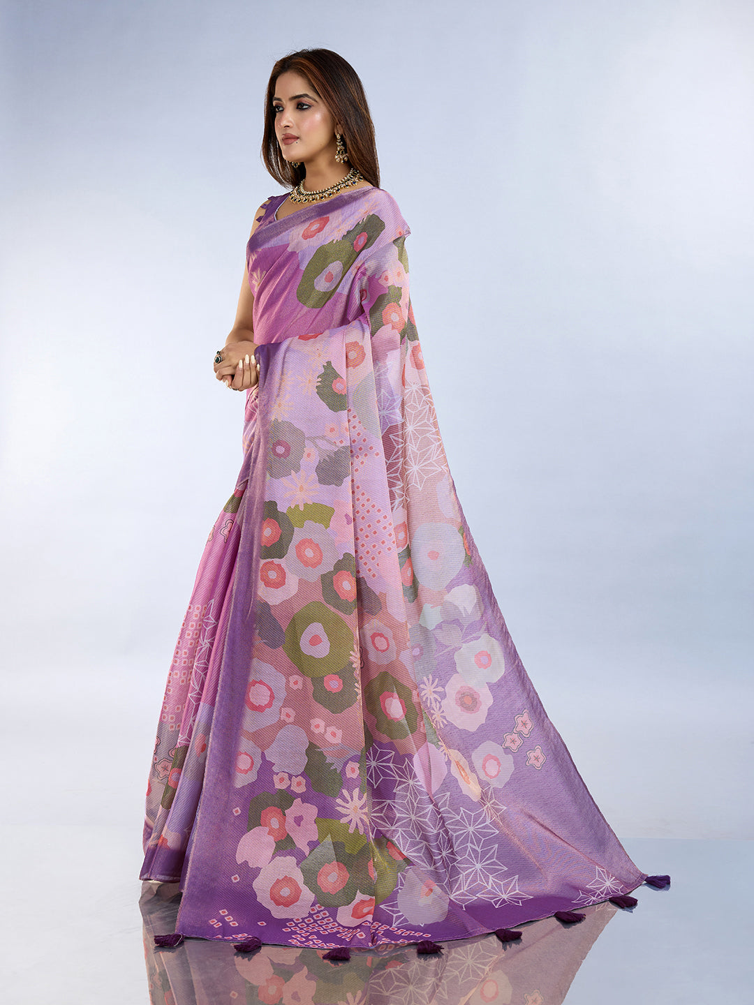 Elegant Lilac Floral Erode Cotton Saree with Contrast Pallu for Women
